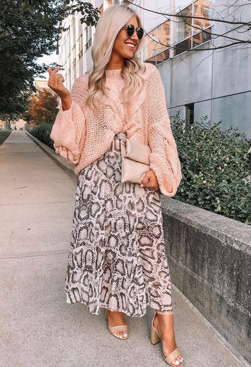 Beige Snake Print Chiffon Resort Wear Maxi Skirt
