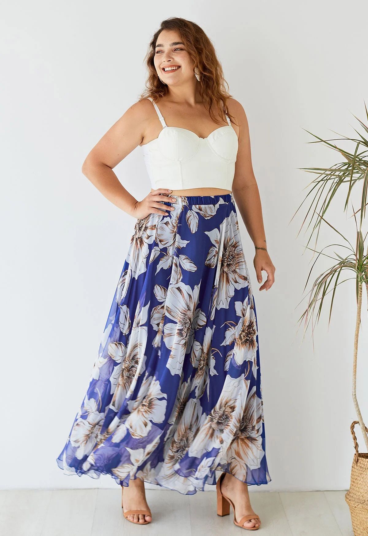 Navy Blue Floral Elegance Maxi Skirt Statement Large Blooms with Airy Feminine Flow