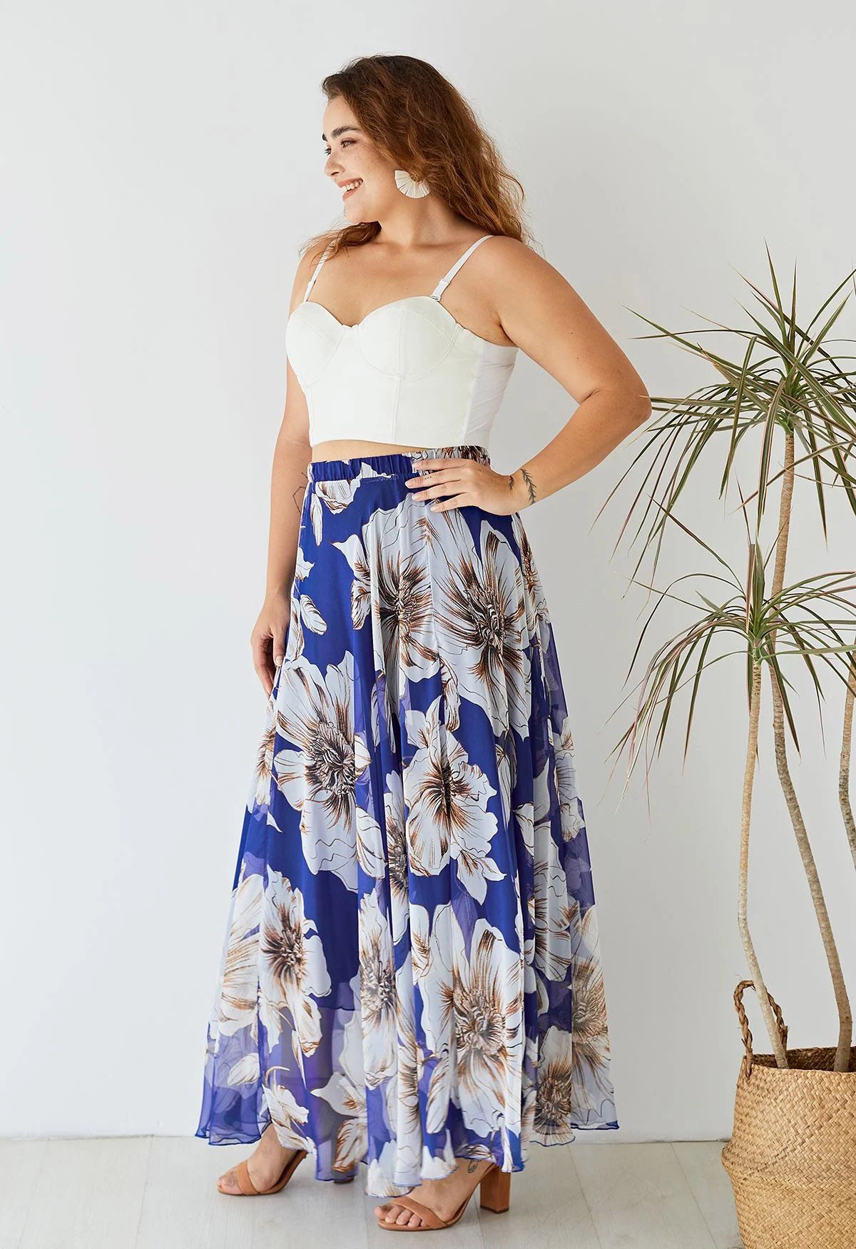 Navy Blue Floral Elegance Maxi Skirt Statement Large Blooms with Airy Feminine Flow