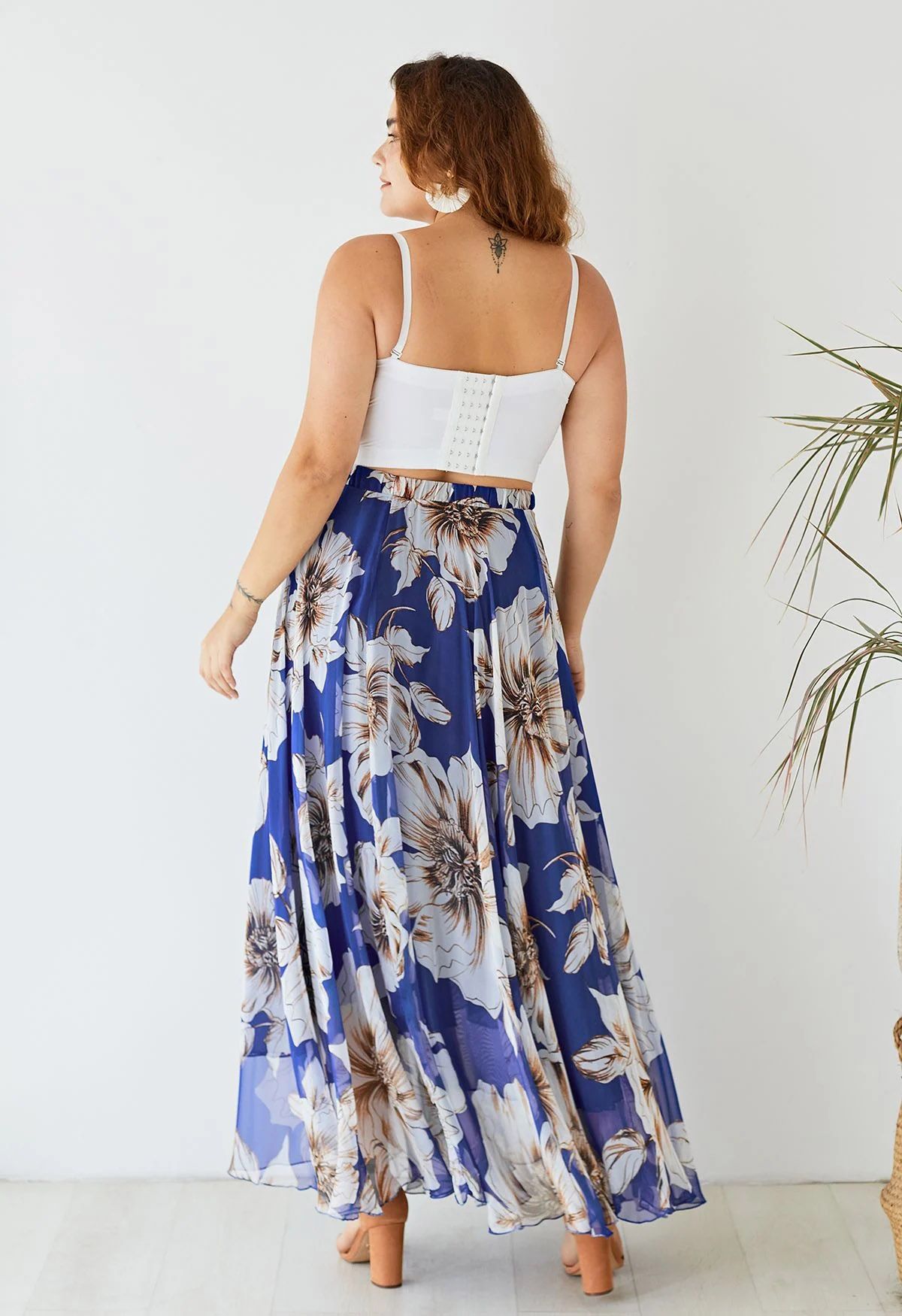 Navy Blue Floral Elegance Maxi Skirt Statement Large Blooms with Airy Feminine Flow