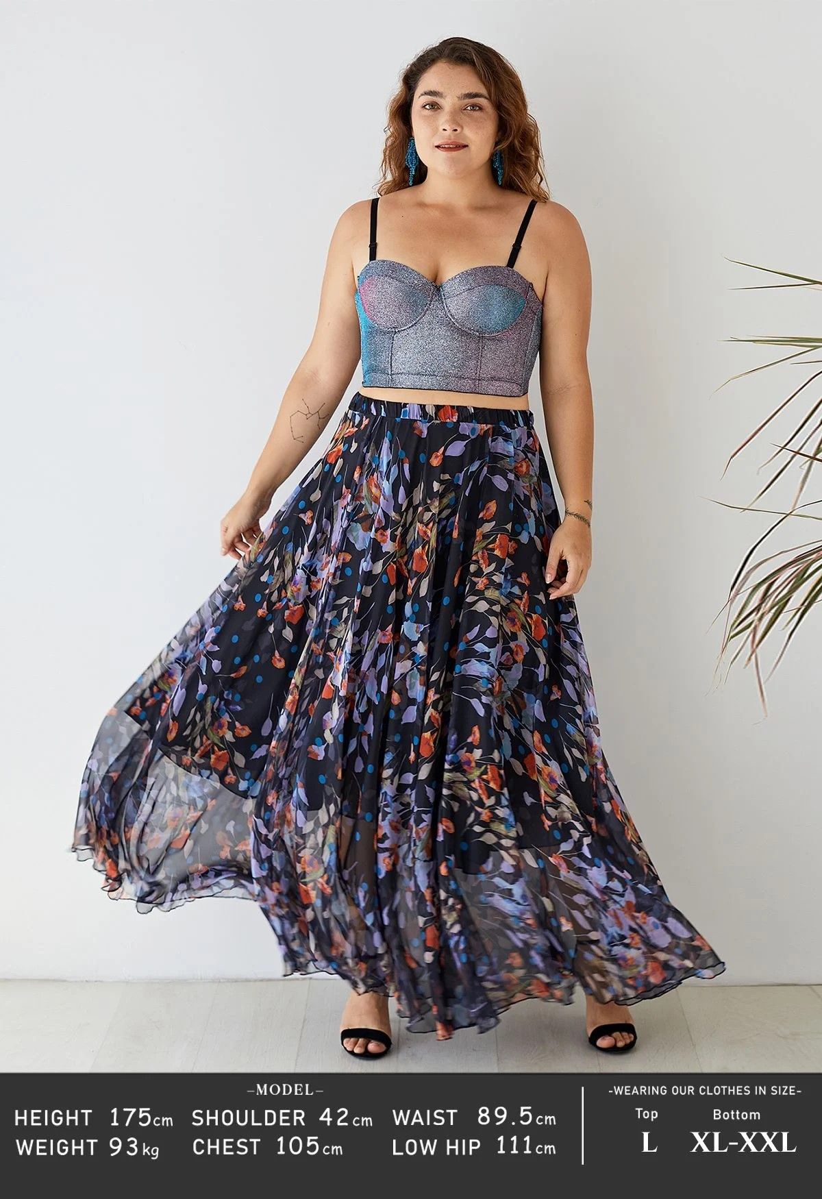 Black Floral Polka Print Chiffon Party Wear Maxi Skirt
