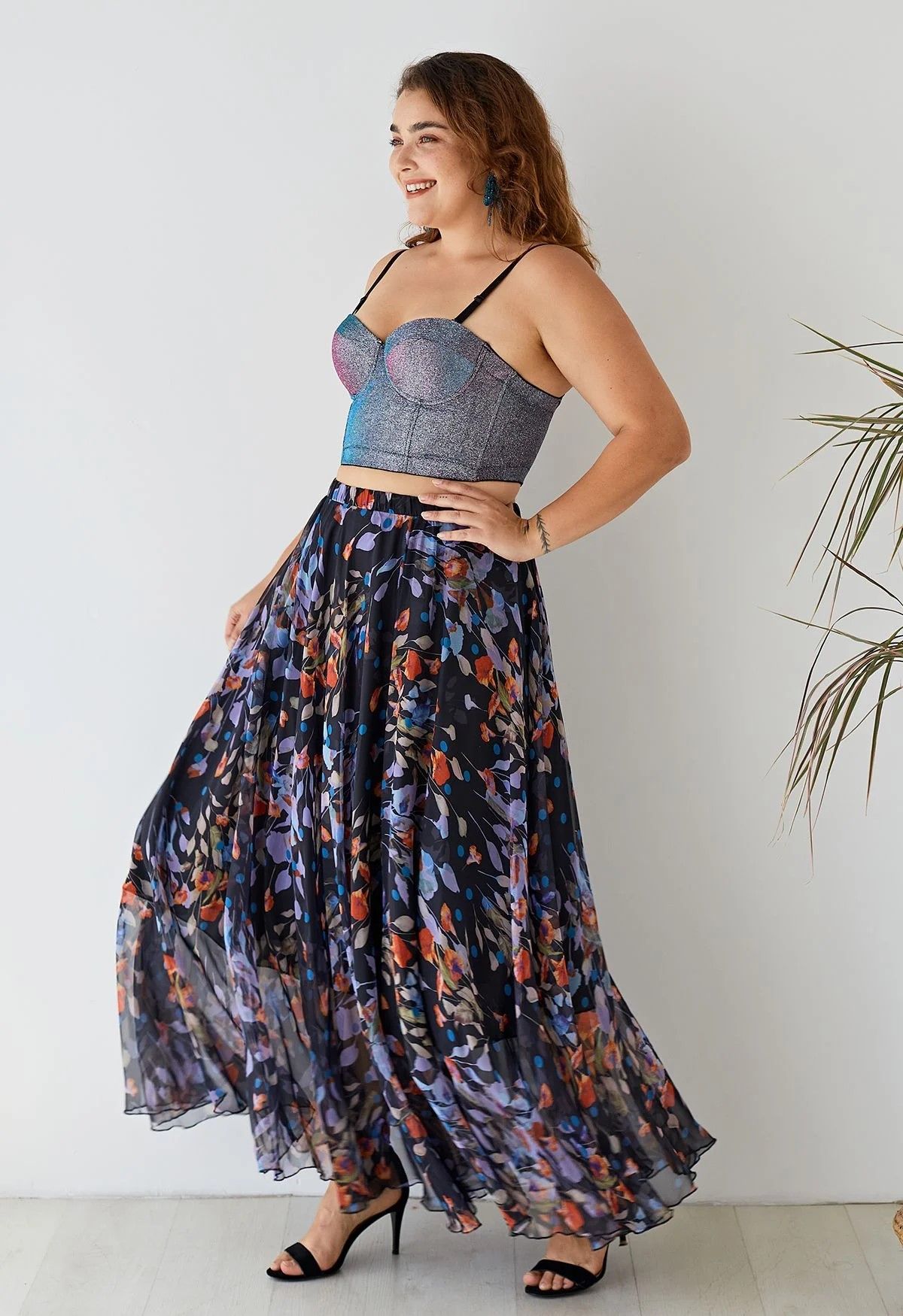 Black Floral Polka Print Chiffon Party Wear Maxi Skirt