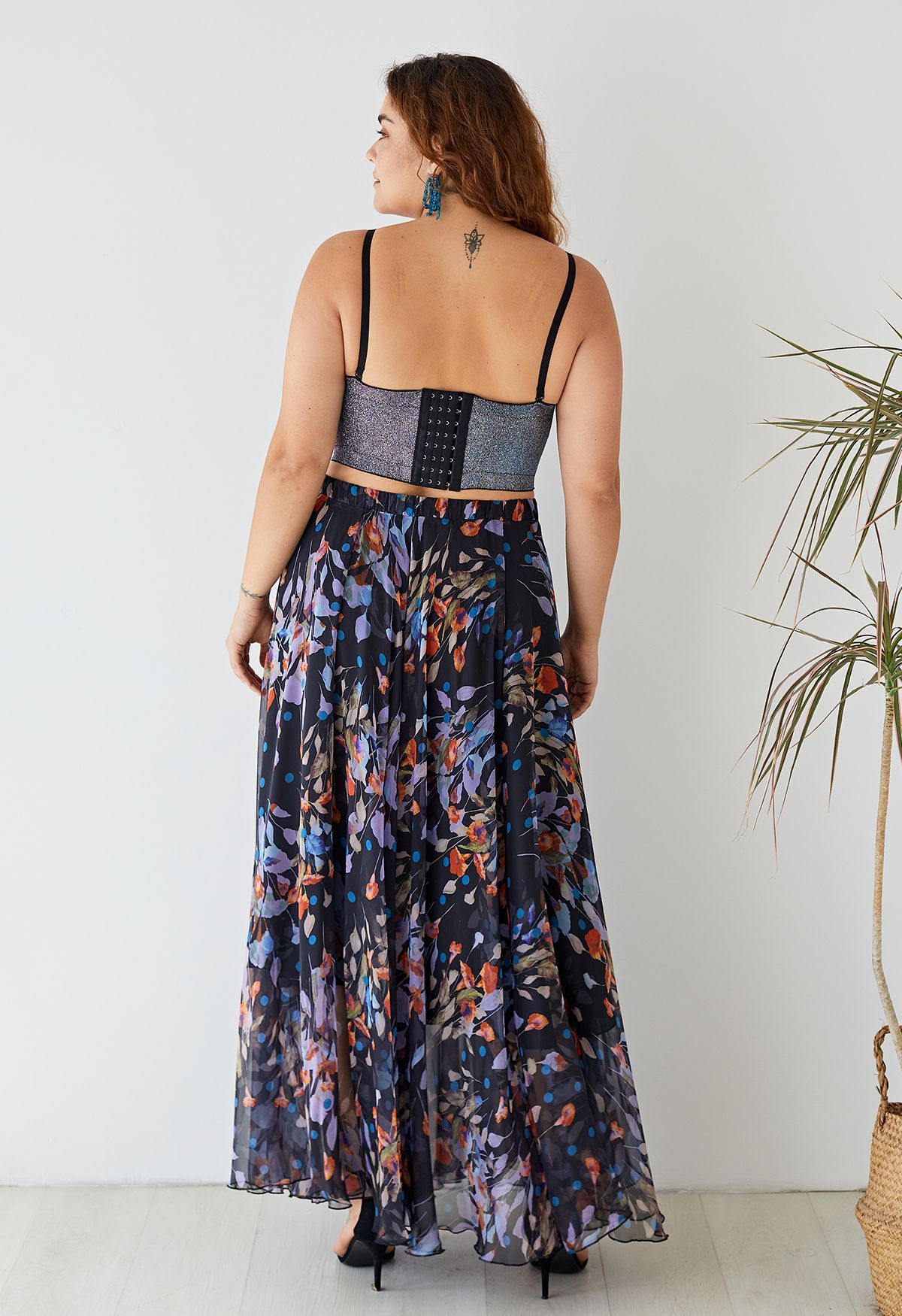 Black Floral Polka Print Chiffon Party Wear Maxi Skirt