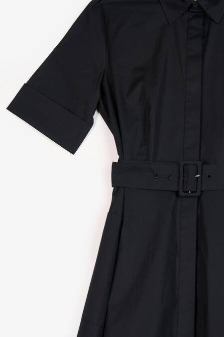 Black Cotton Collared Side Slit Dress for Women
