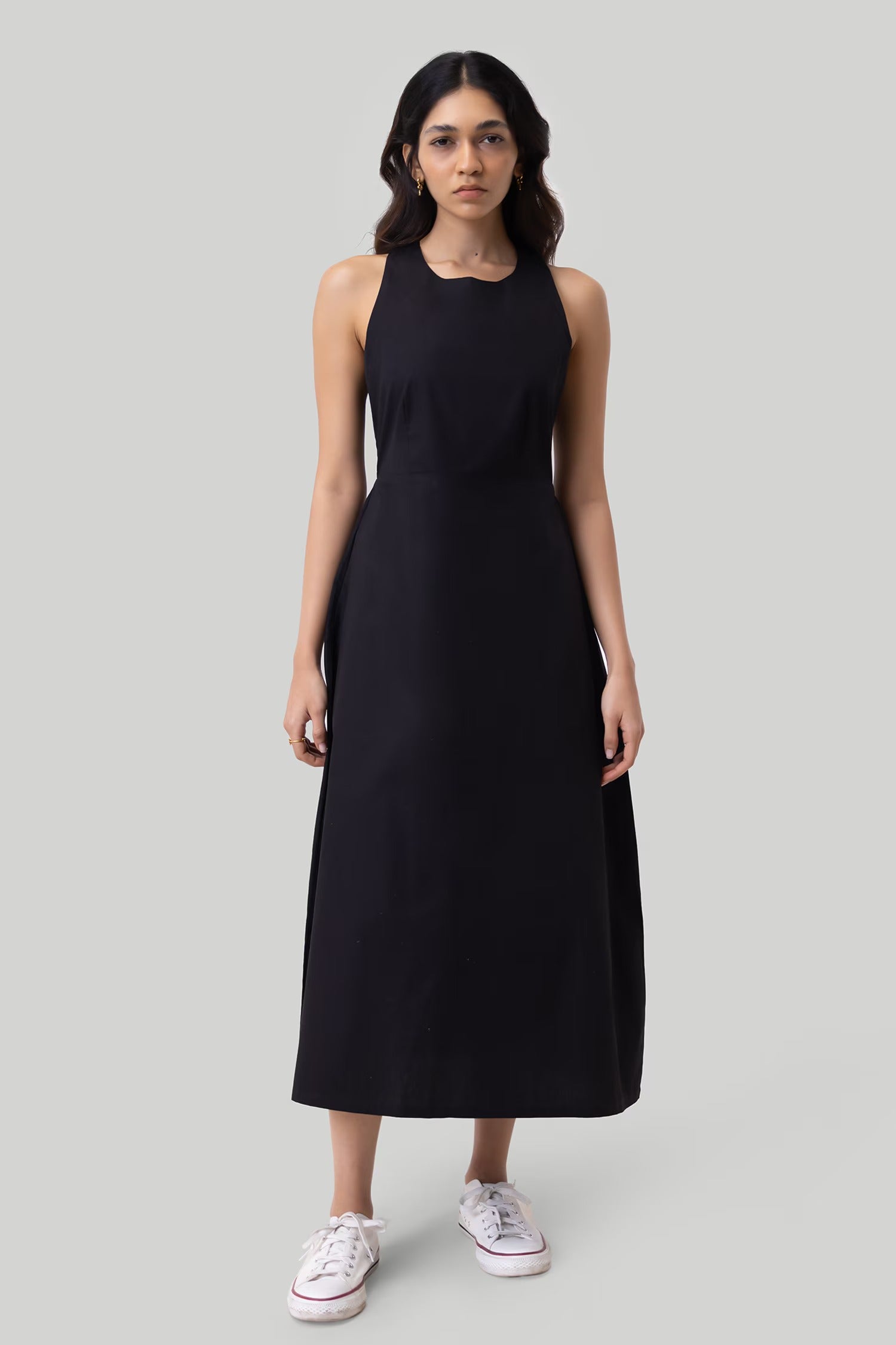 Black Cotton Round Neck Cross Back Midi Dress for Women