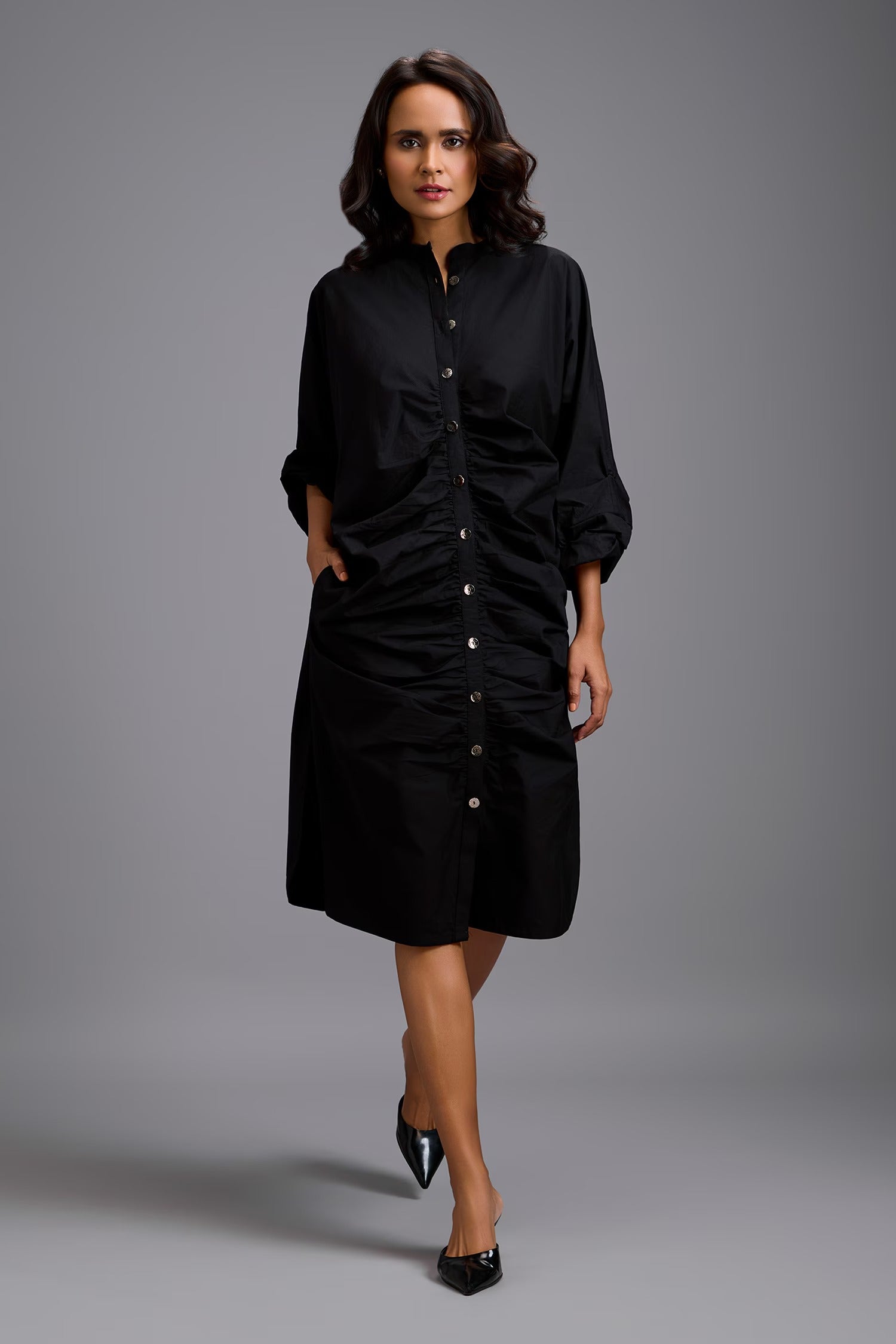 Black Cotton Collared Ruched Shirt Dress for Women