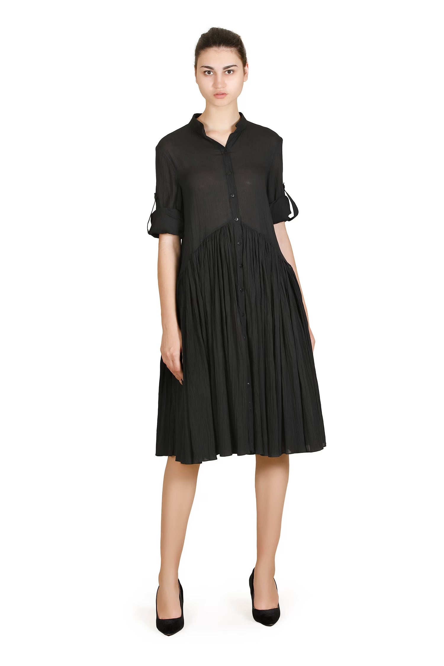 Black Cotton Viscose Collared Soft Dress for Women