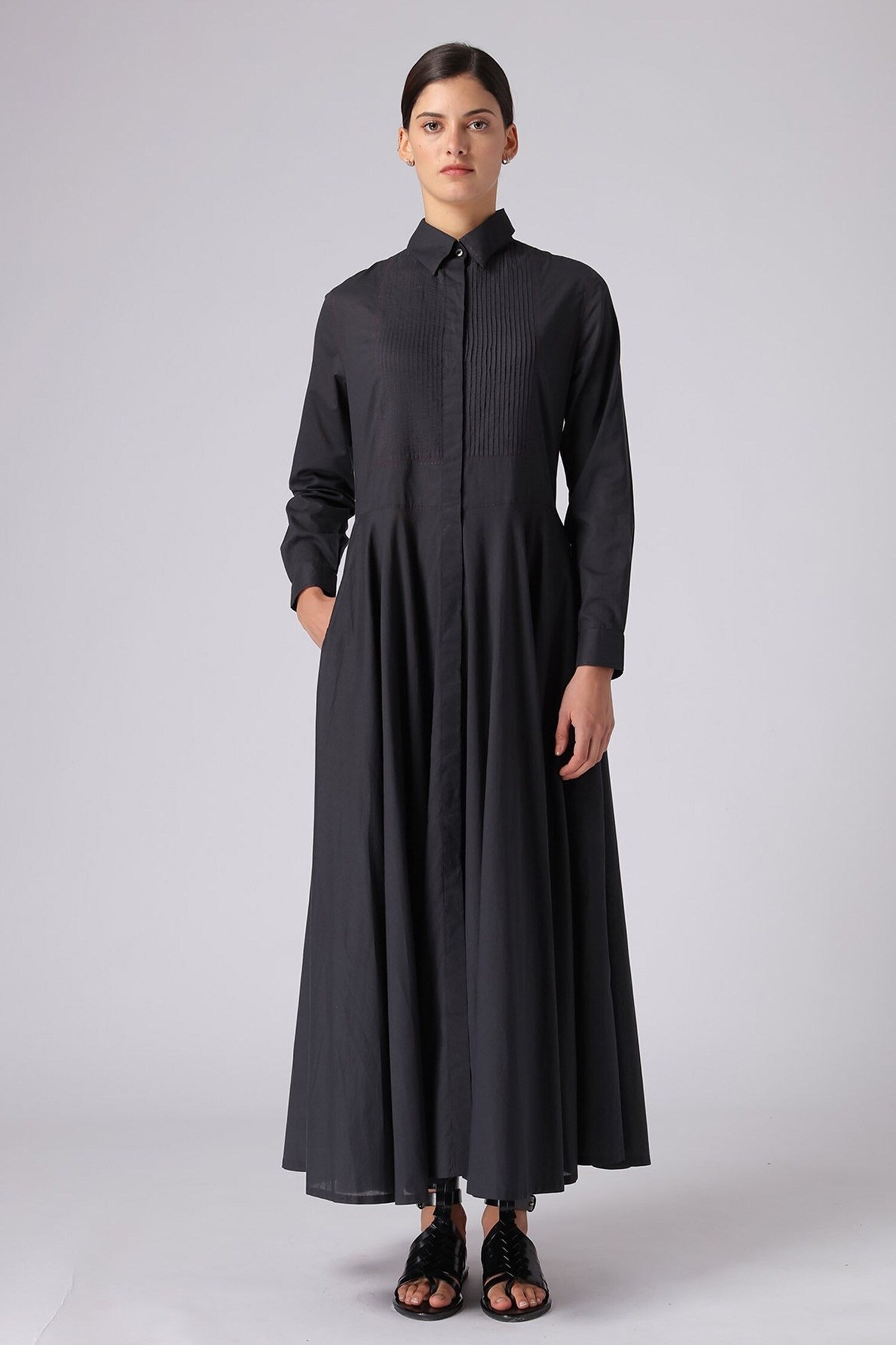 Black Cotton Shirt Collar Dress for Women