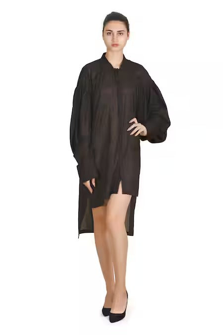 Black Cotton Viscose Split V-Neck Dress for Women