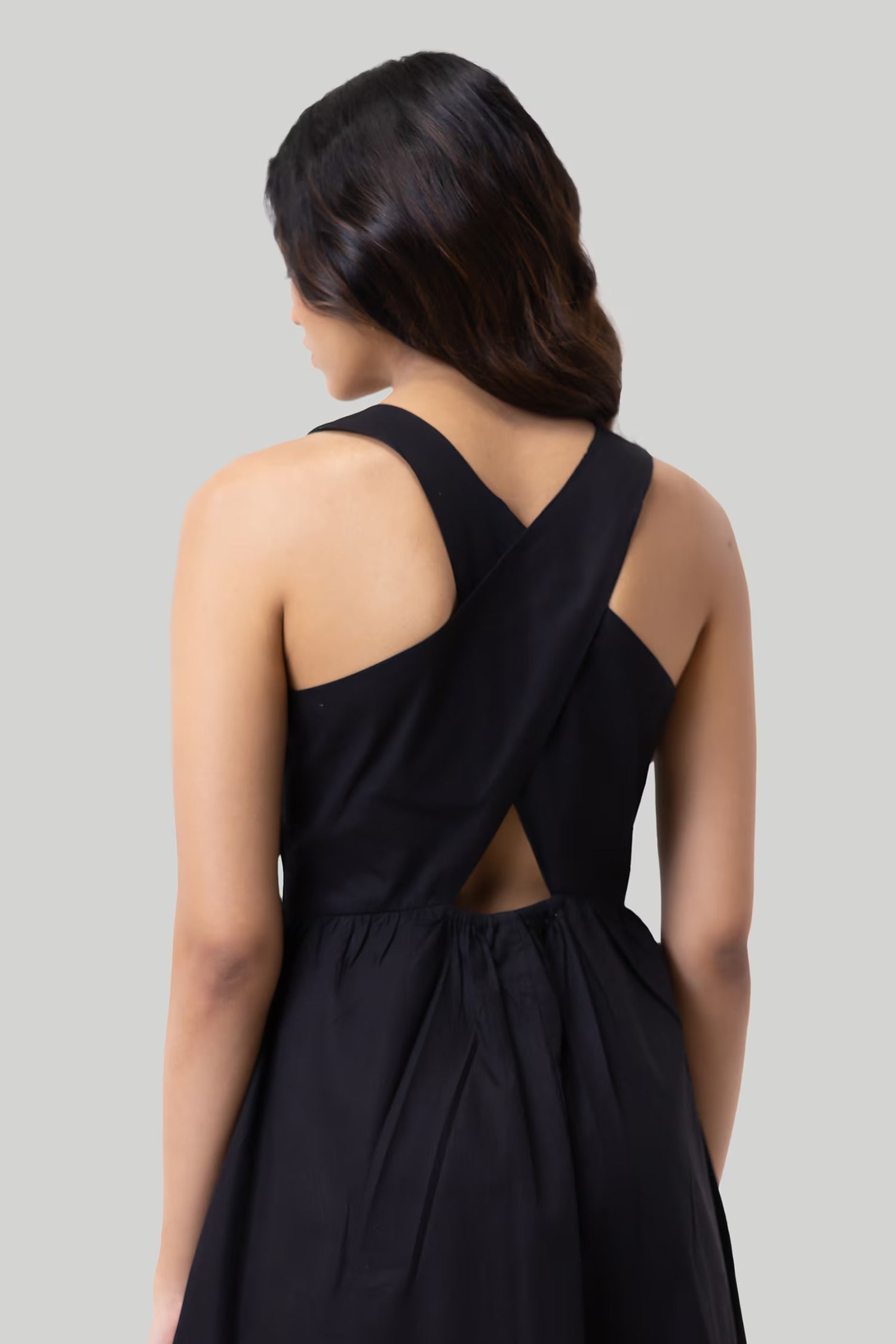 Black Cotton Round Neck Cross Back Midi Dress for Women
