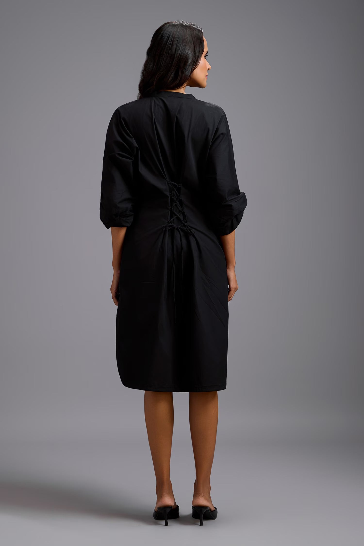 Black Cotton Collared Ruched Shirt Dress for Women