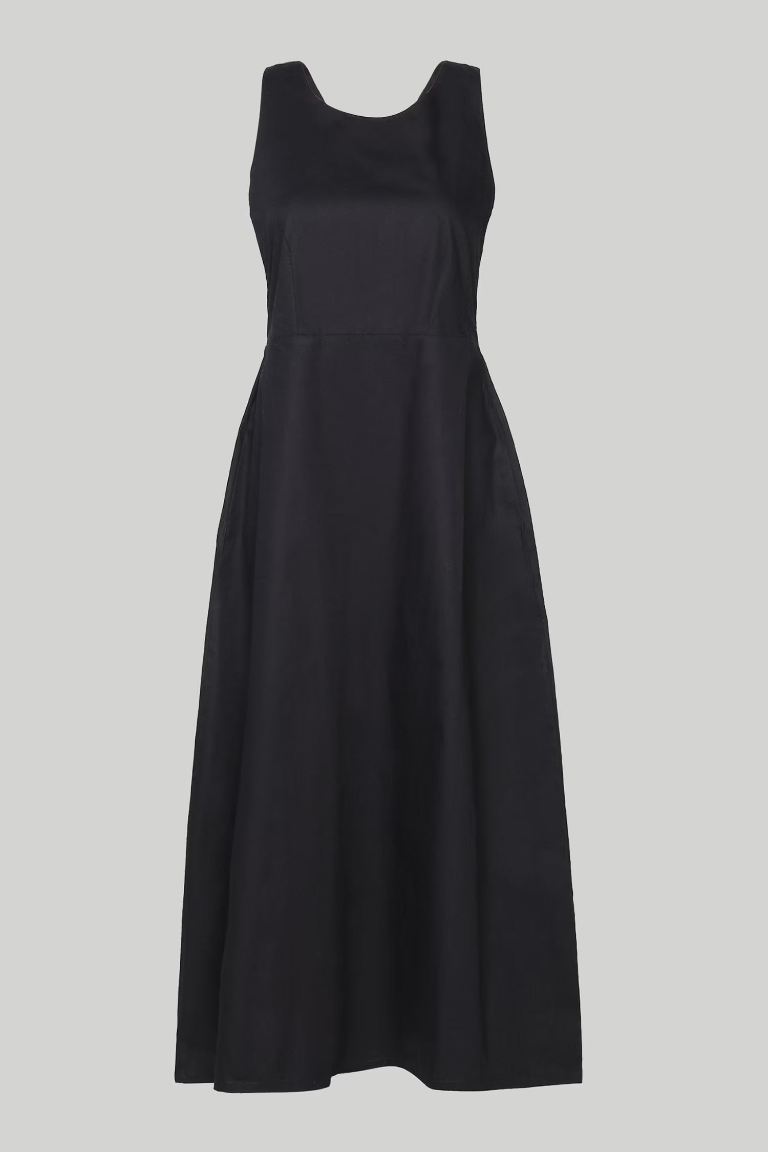 Black Cotton Round Neck Cross Back Midi Dress for Women