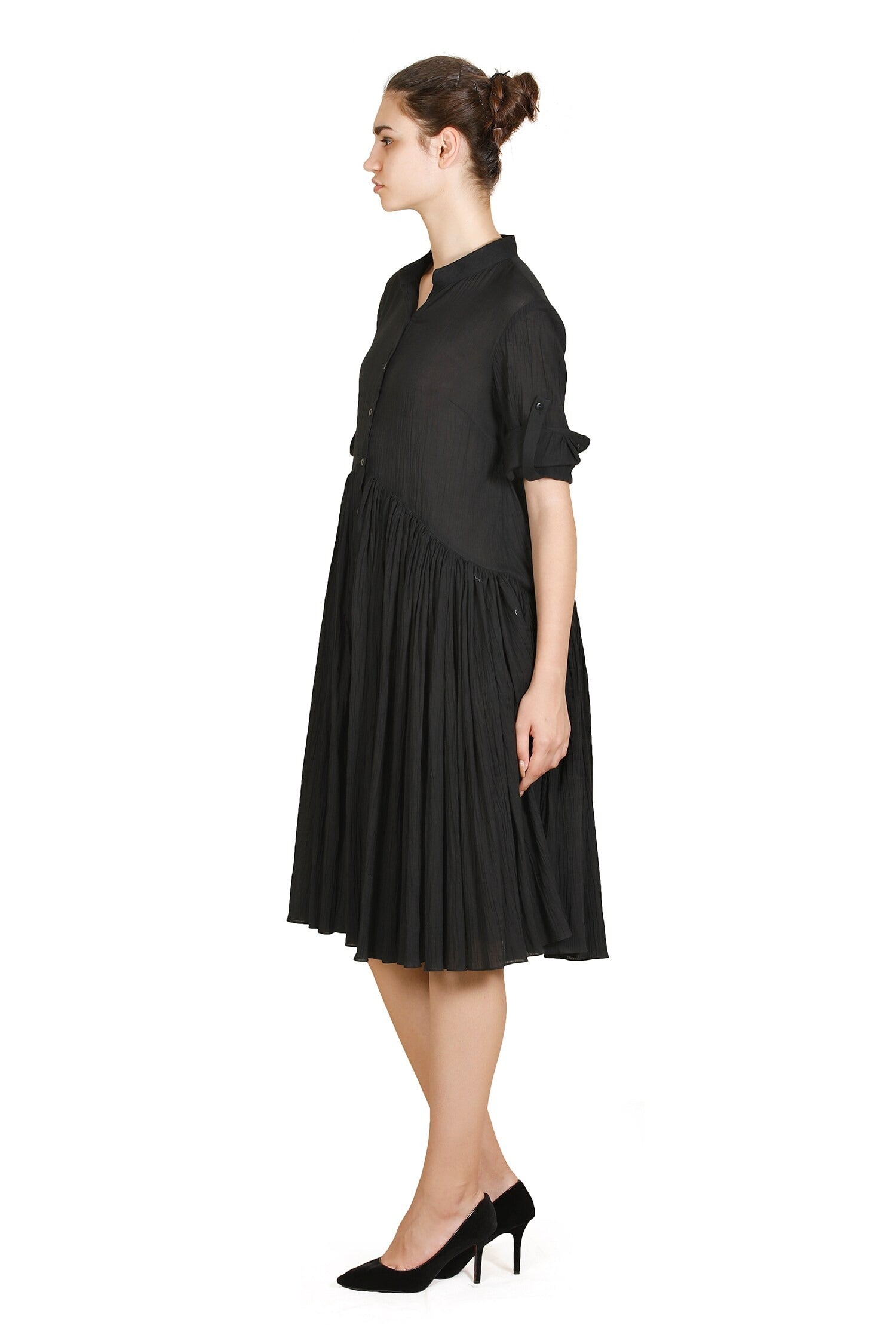 Black Cotton Viscose Collared Soft Dress for Women