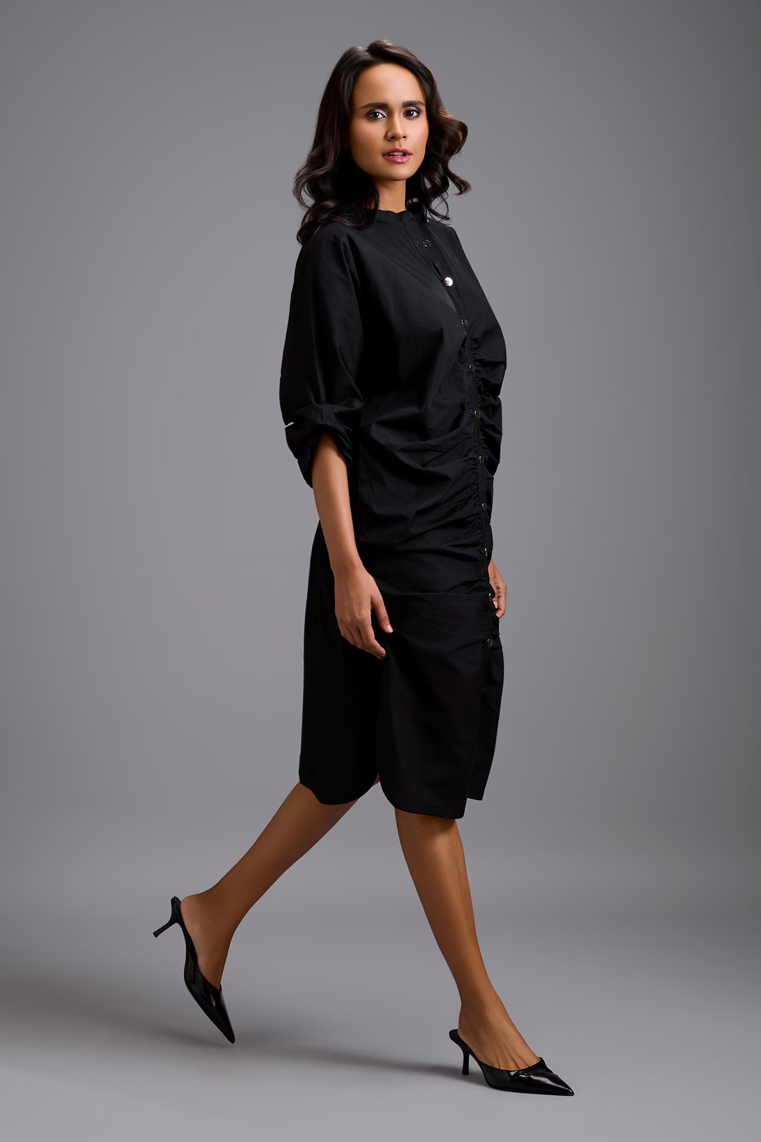 Black Cotton Collared Ruched Shirt Dress for Women