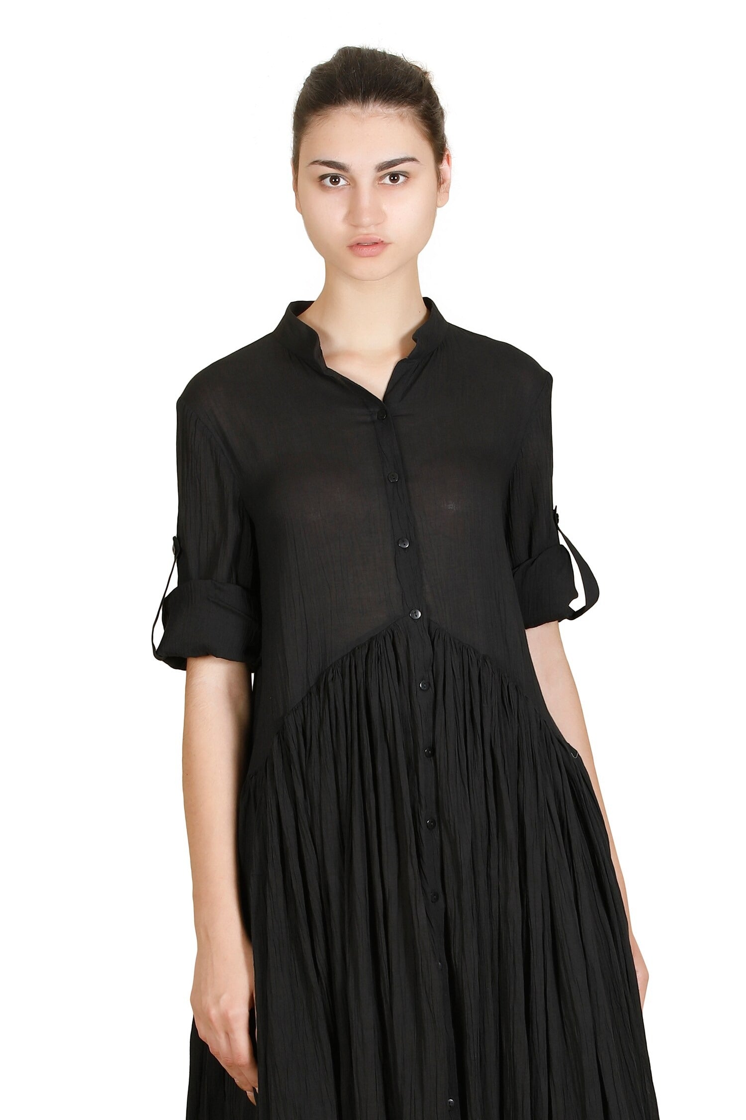 Black Cotton Viscose Collared Soft Dress for Women