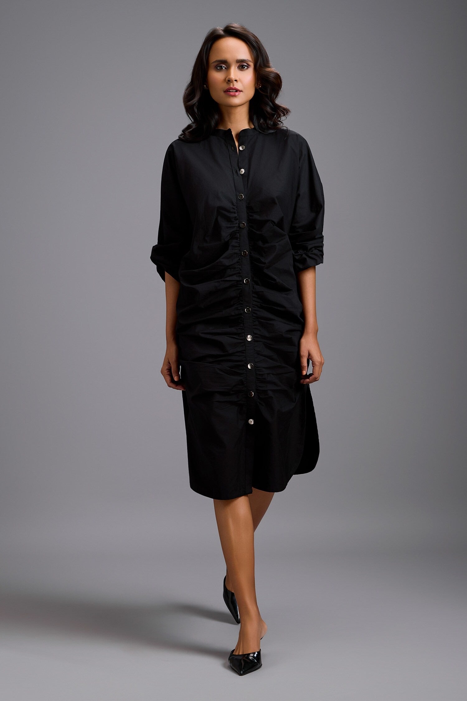 Black Cotton Collared Ruched Shirt Dress for Women Black / 2XL