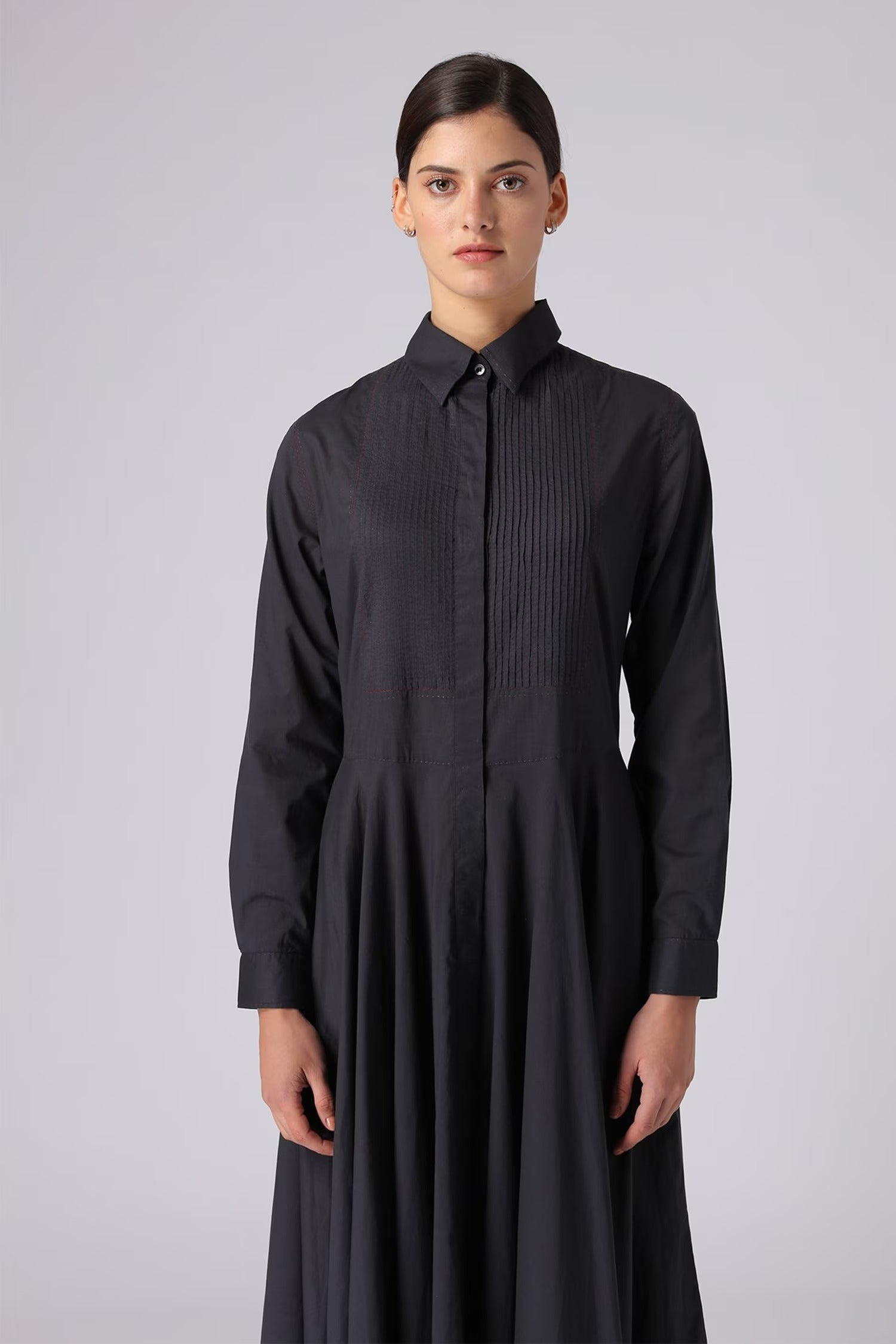 Black Cotton Shirt Collar Dress for Women