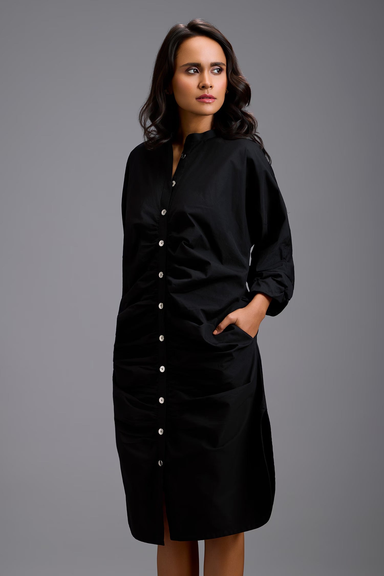 Black Cotton Collared Ruched Shirt Dress for Women