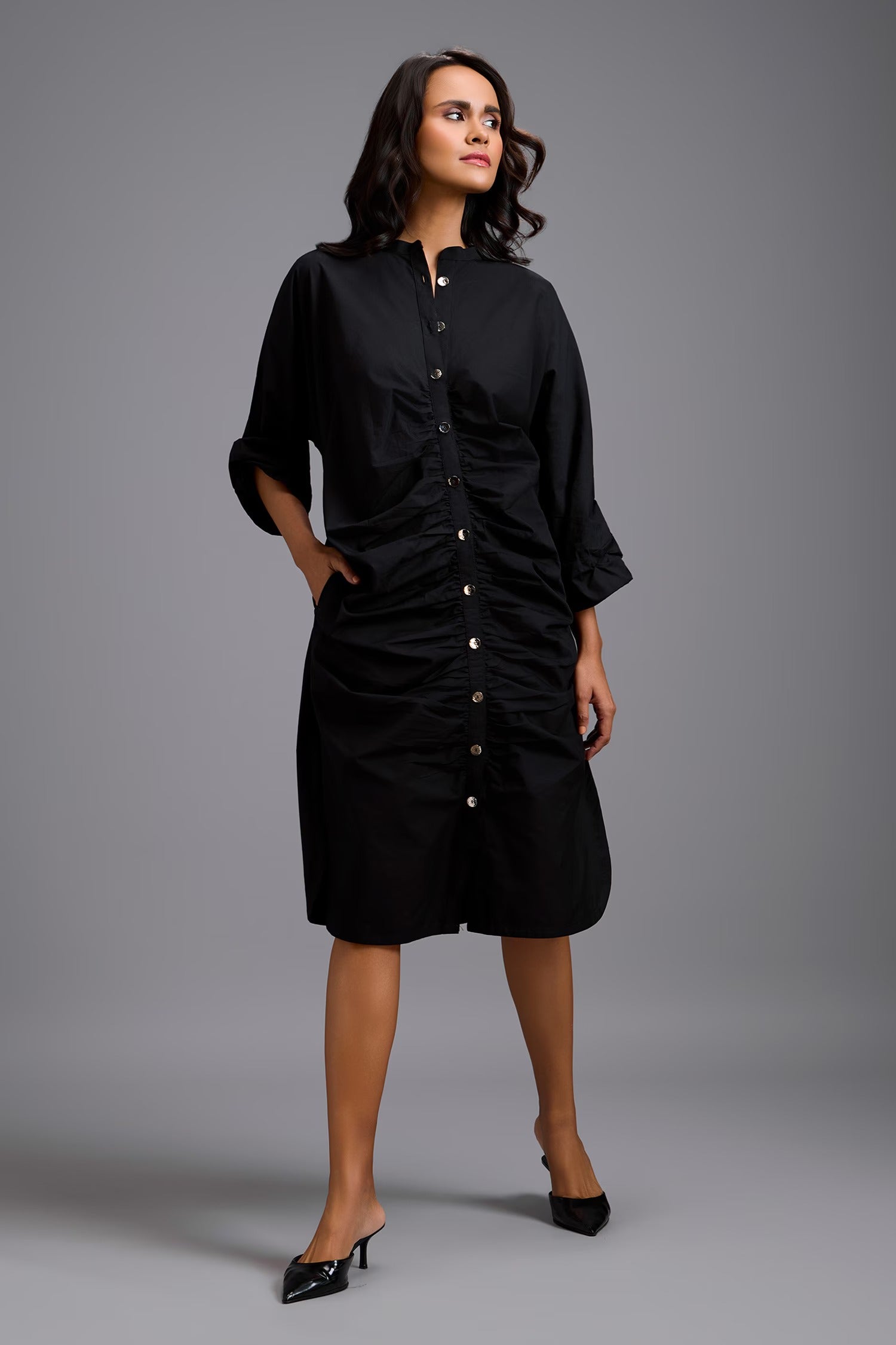 Black Cotton Collared Ruched Shirt Dress for Women