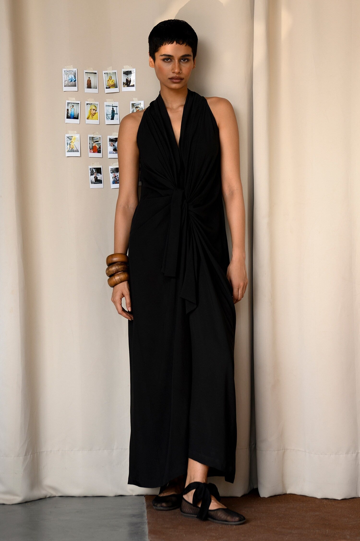 Black Cotton Plunge Neck Knotted Maxi Dress for Women