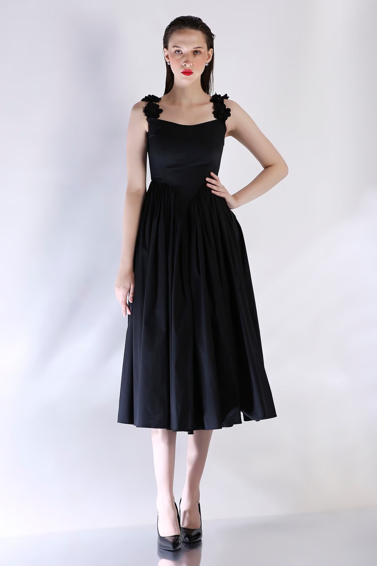 Black Cotton Embroidery Sweetheart Neck Dress for Women