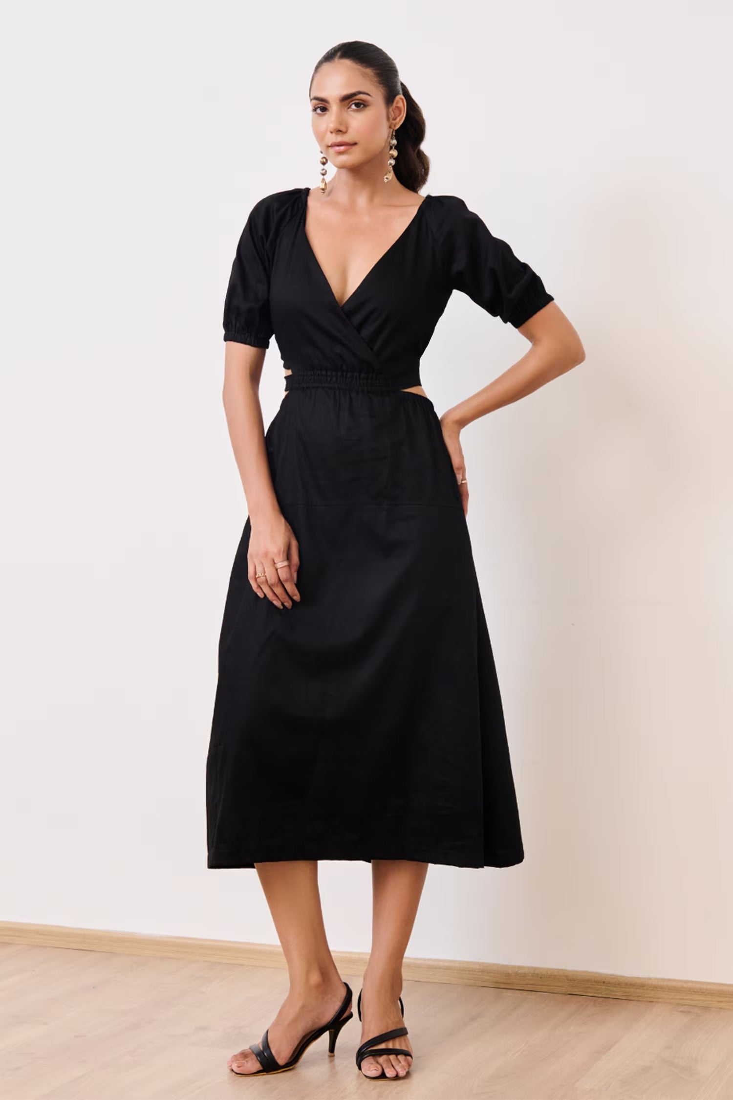 Black Cotton Satin V-Neck Balloon Sleeve Midi Dress for Women