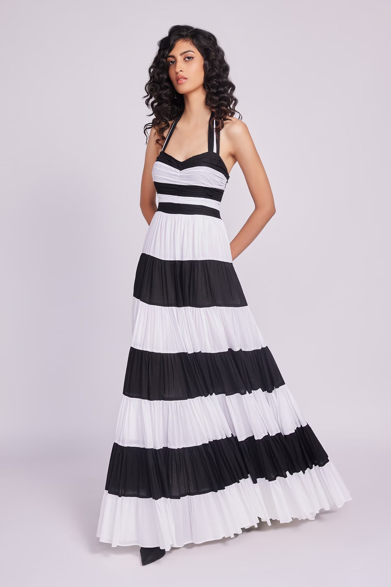 Black Cotton Halter Neck Striped Maxi Dress for Women