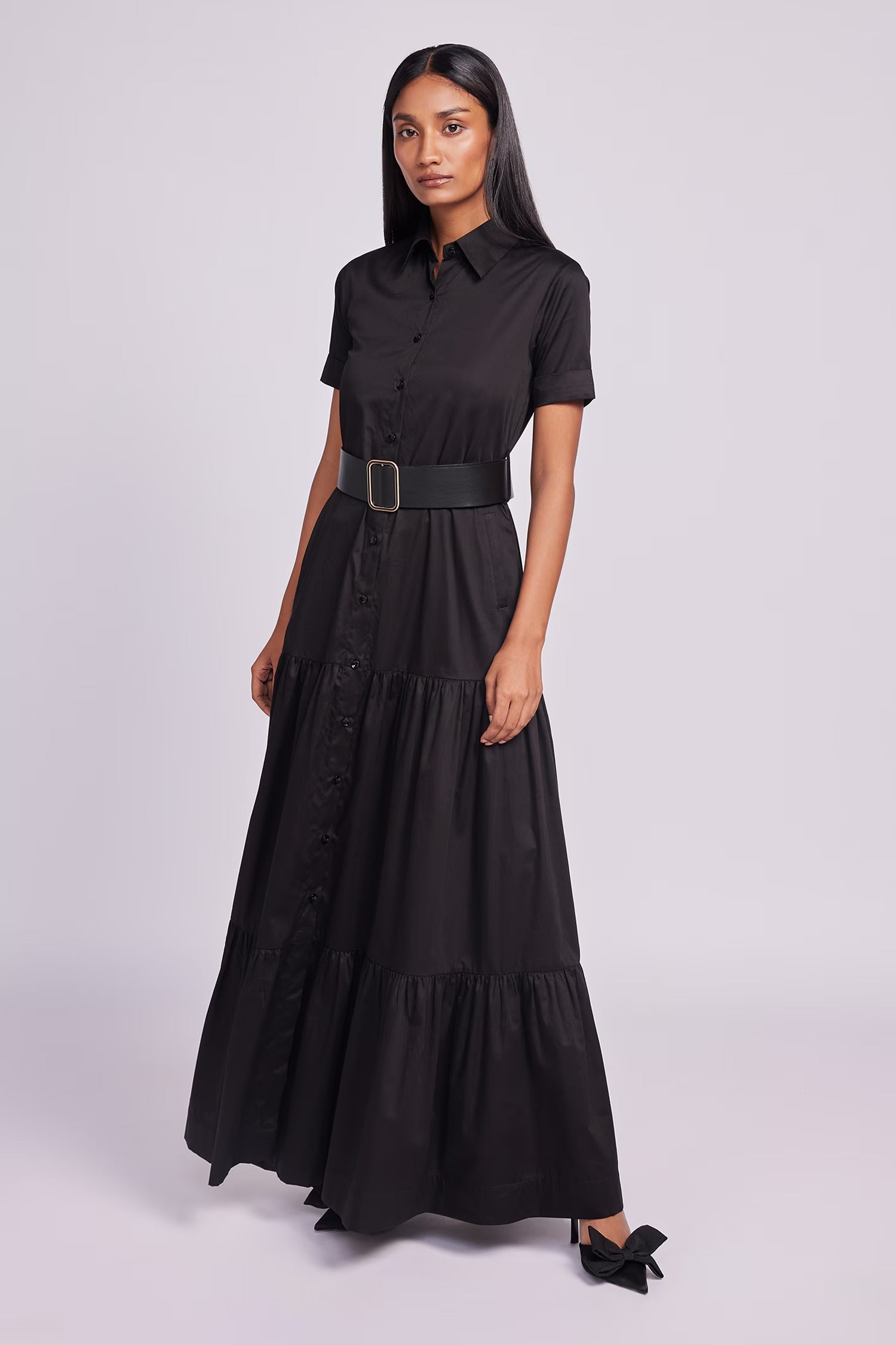 Black Cotton Buckles Collared Maxi Dress for Women