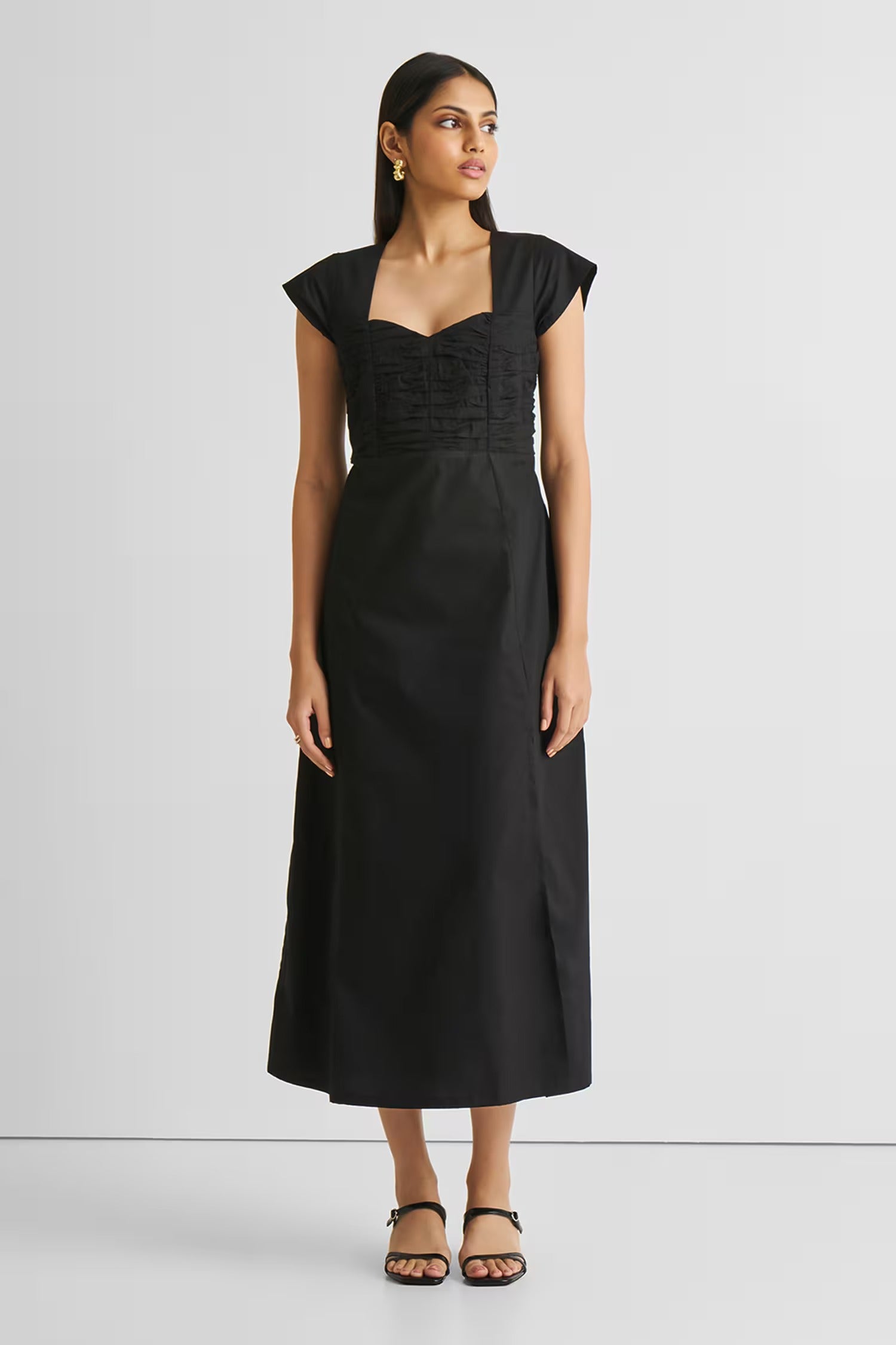 Black Cotton Square Neck Ruched Slit Dress for Women