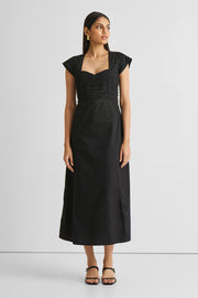 Black Cotton Square Neck Ruched Slit Dress for Women