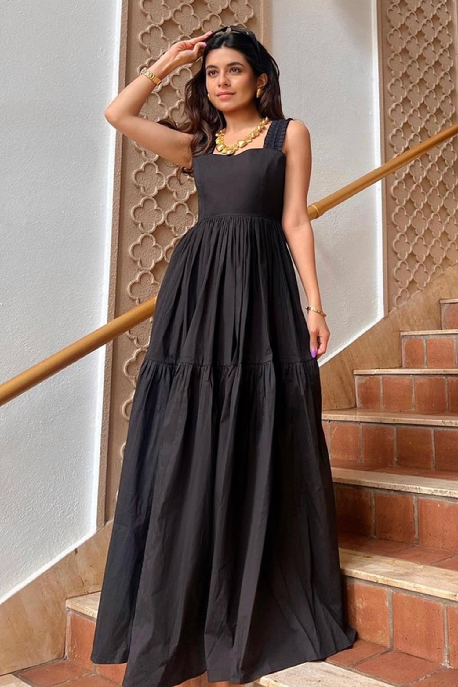 Black Lycra Cotton Ruffle Square Neck Maxi Dress for Women
