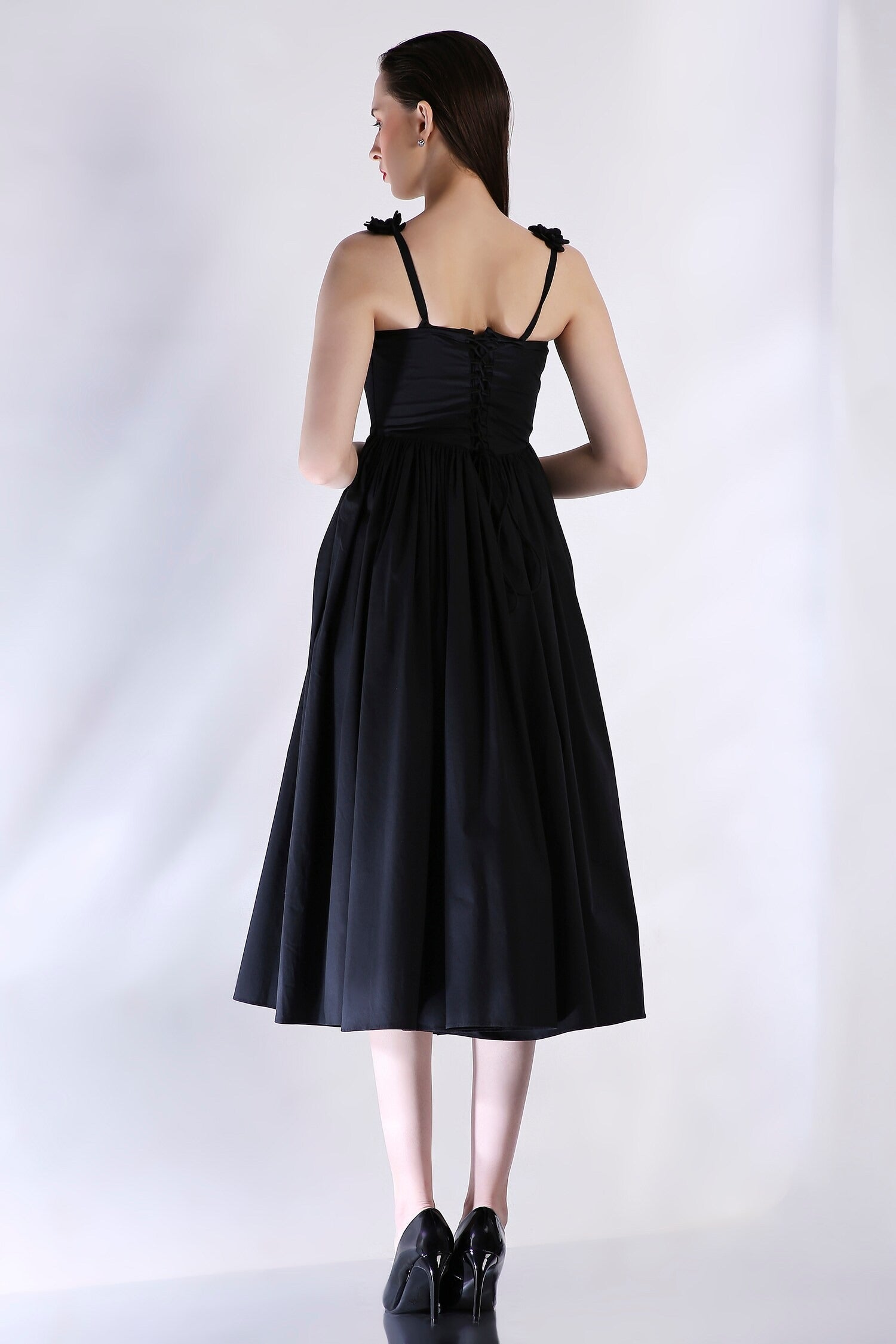 Black Cotton Embroidery Sweetheart Neck Dress for Women