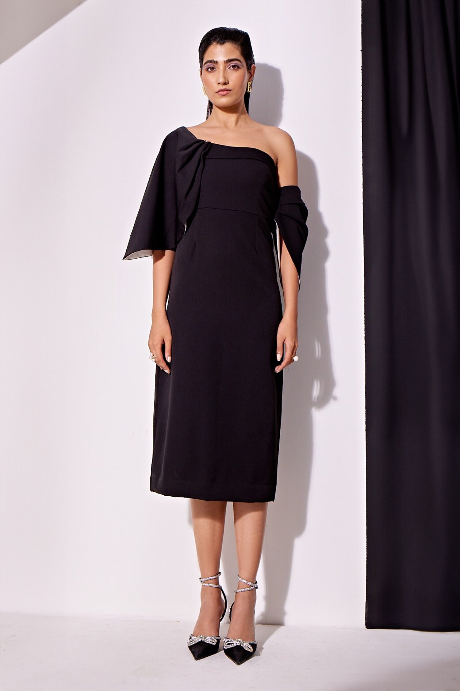 Black Cotton Crepe Off Shoulder Draped Dress for Women