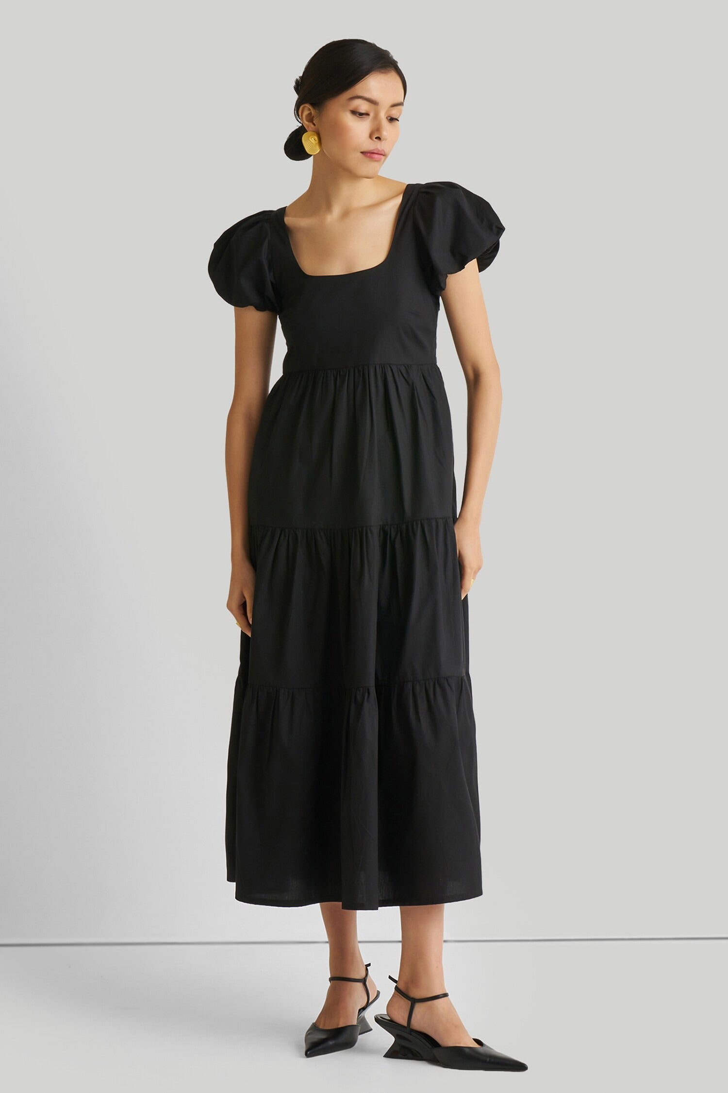 Black Cotton Embroidery Square Neck Puff Sleeve Dress for Women