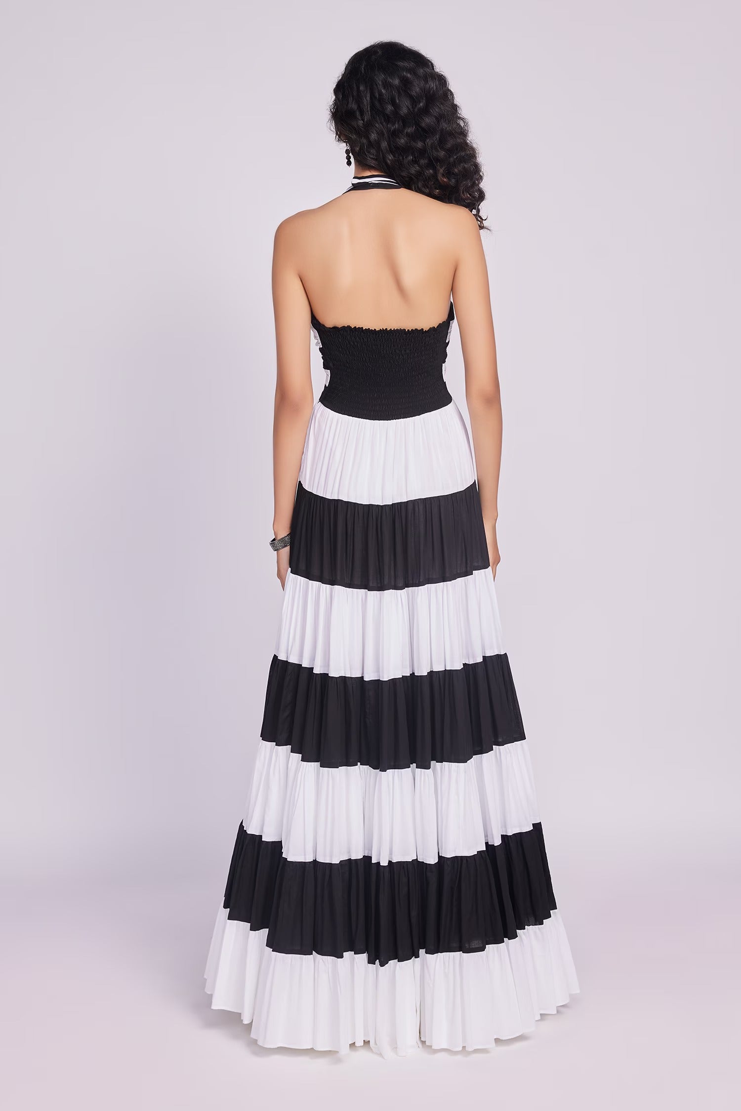 Black Cotton Halter Neck Striped Maxi Dress for Women
