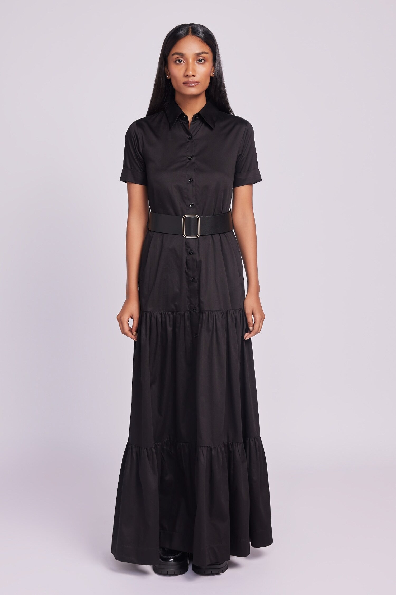 Black Cotton Buckles Collared Maxi Dress for Women