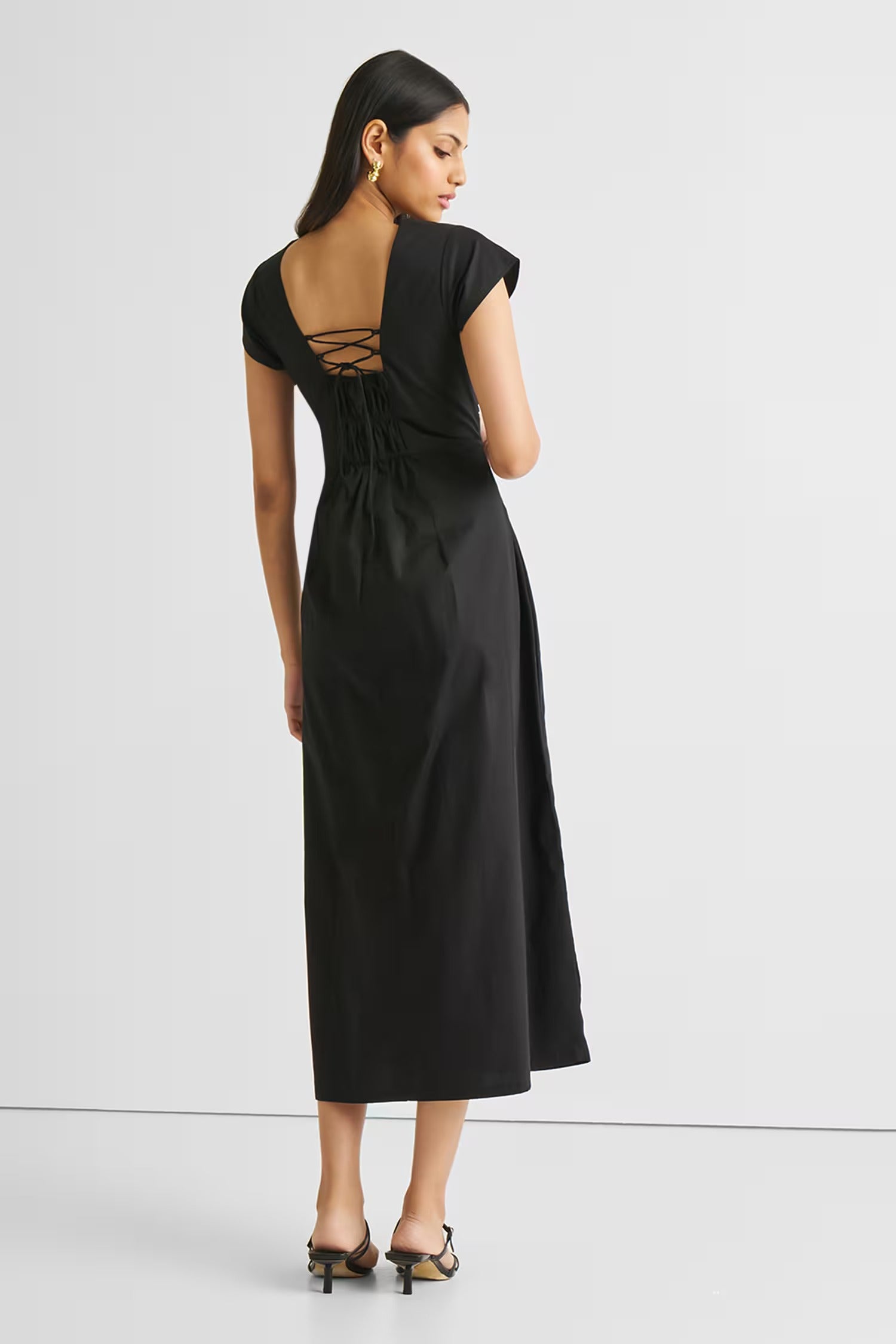 Black Cotton Square Neck Ruched Slit Dress for Women