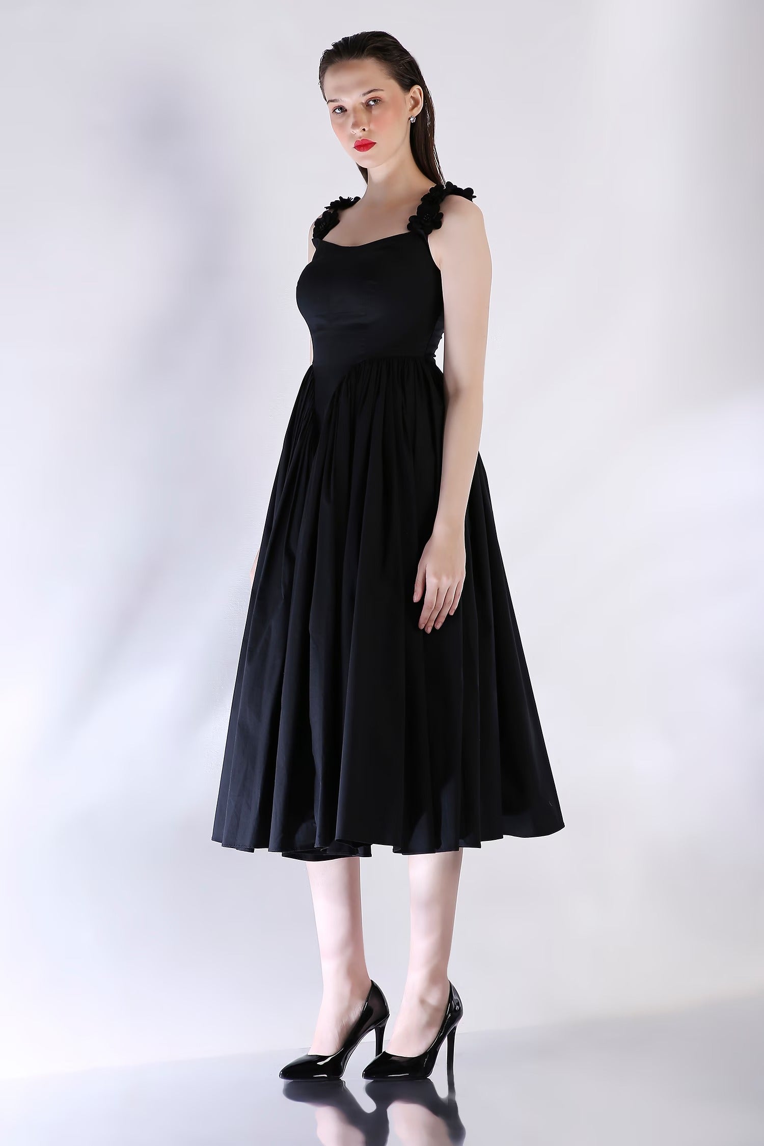 Black Cotton Embroidery Sweetheart Neck Dress for Women