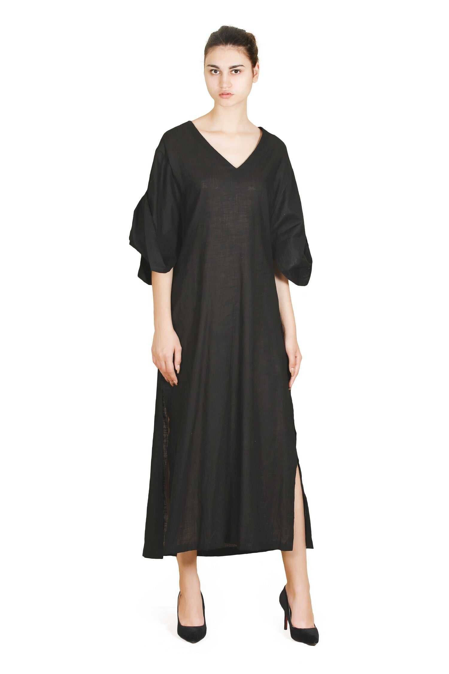 Black Cotton V-Neck Thread Work Dress for Women
