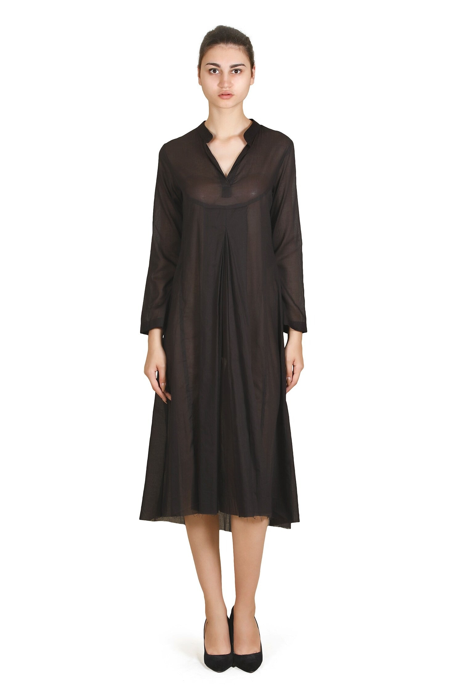 Black Cotton Viscose Split V-Neck Dress for Women
