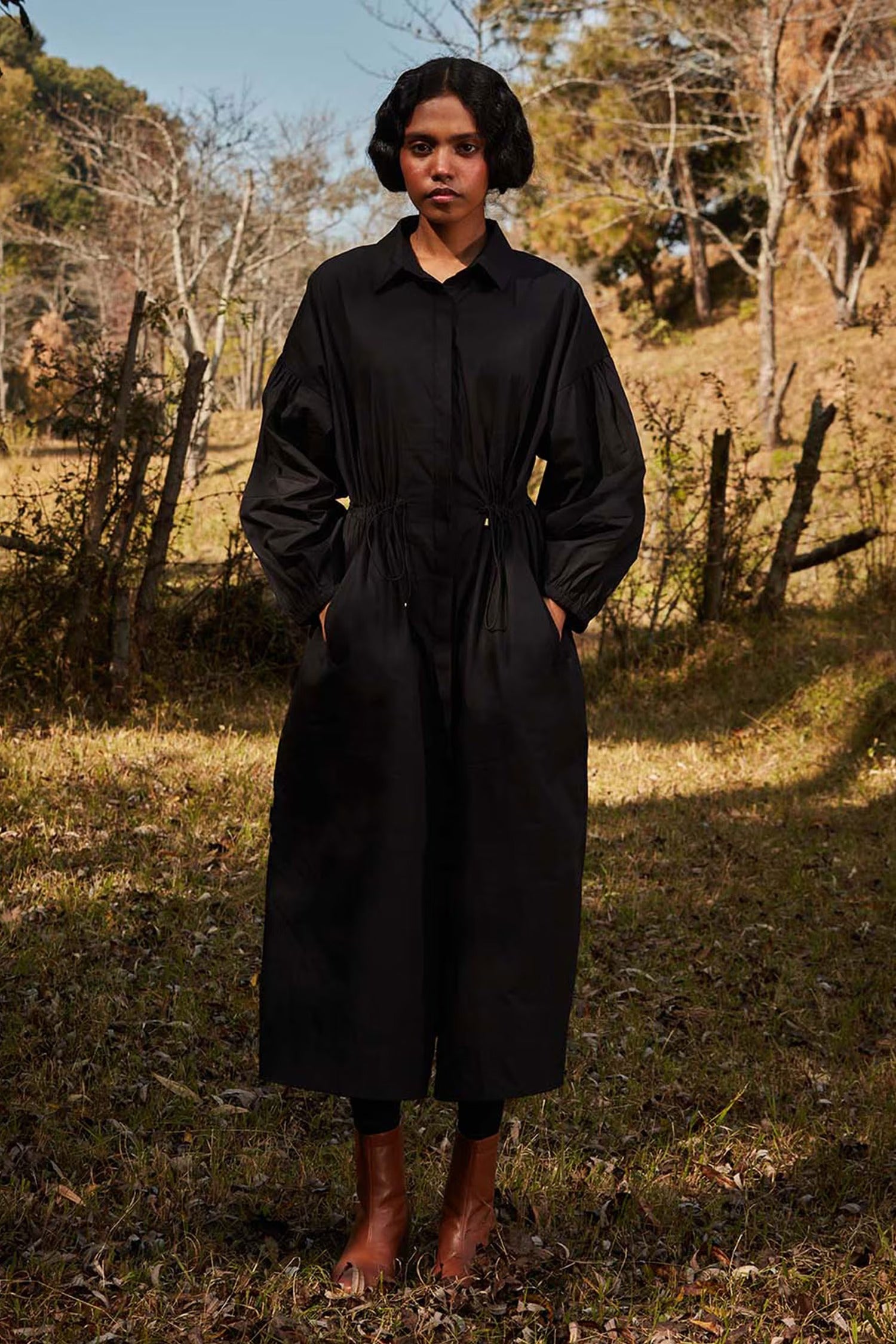 Black Cotton Poplin Collared Balloon Sleeve Shirt Dress for Women