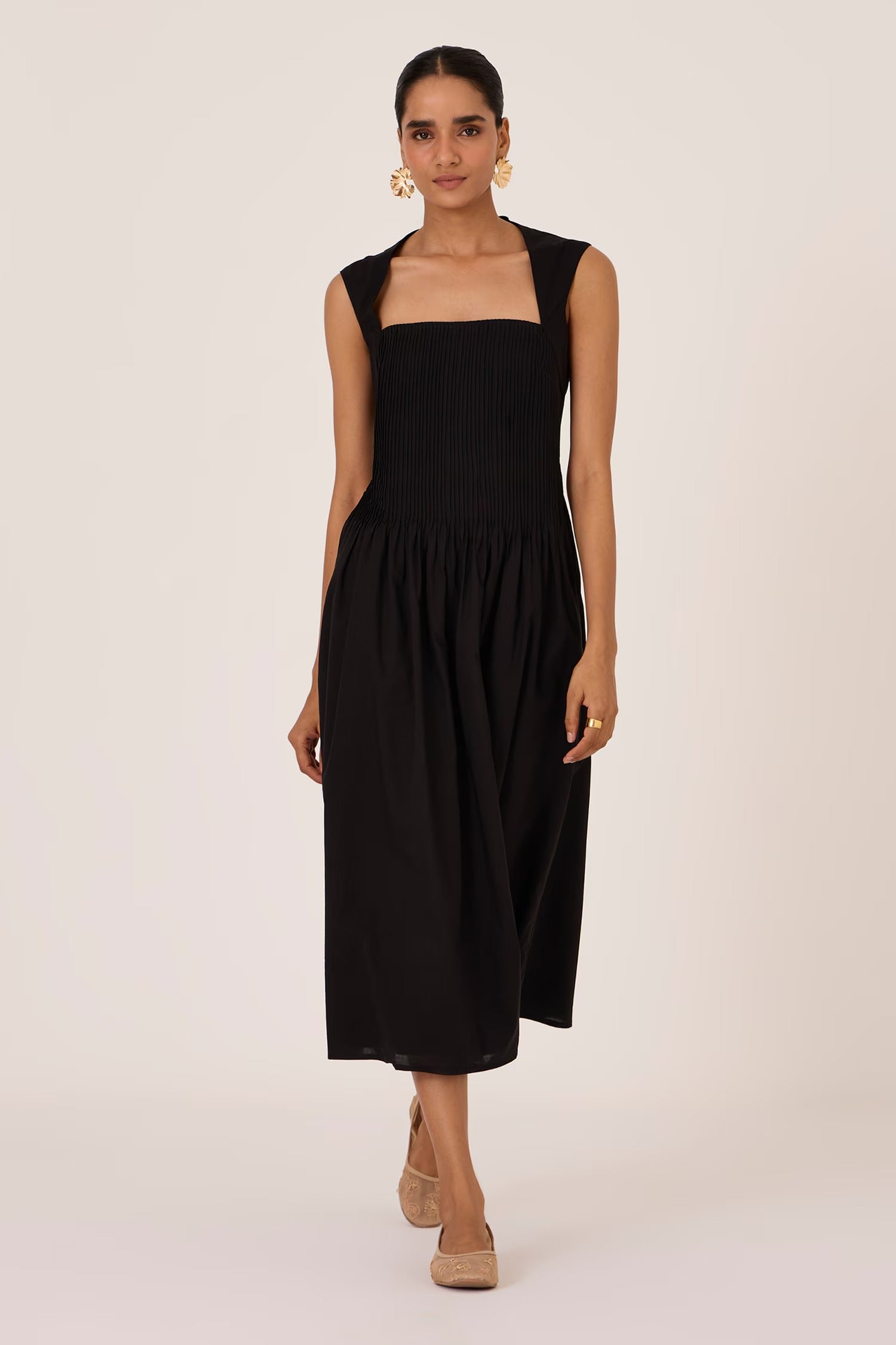 Black Cotton Square Neck Pleated Midi Dress for Women
