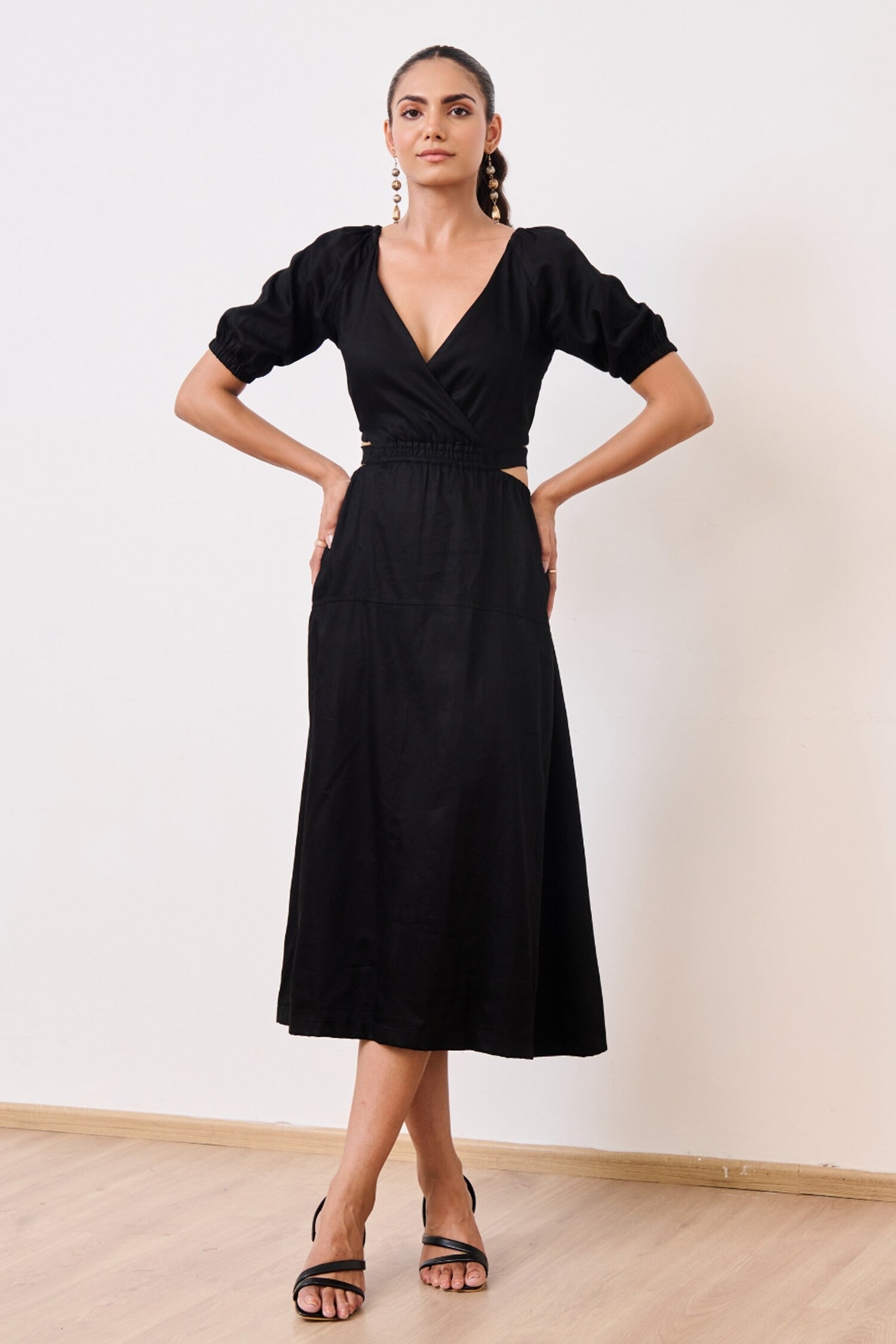 Black Cotton Satin V-Neck Balloon Sleeve Midi Dress for Women