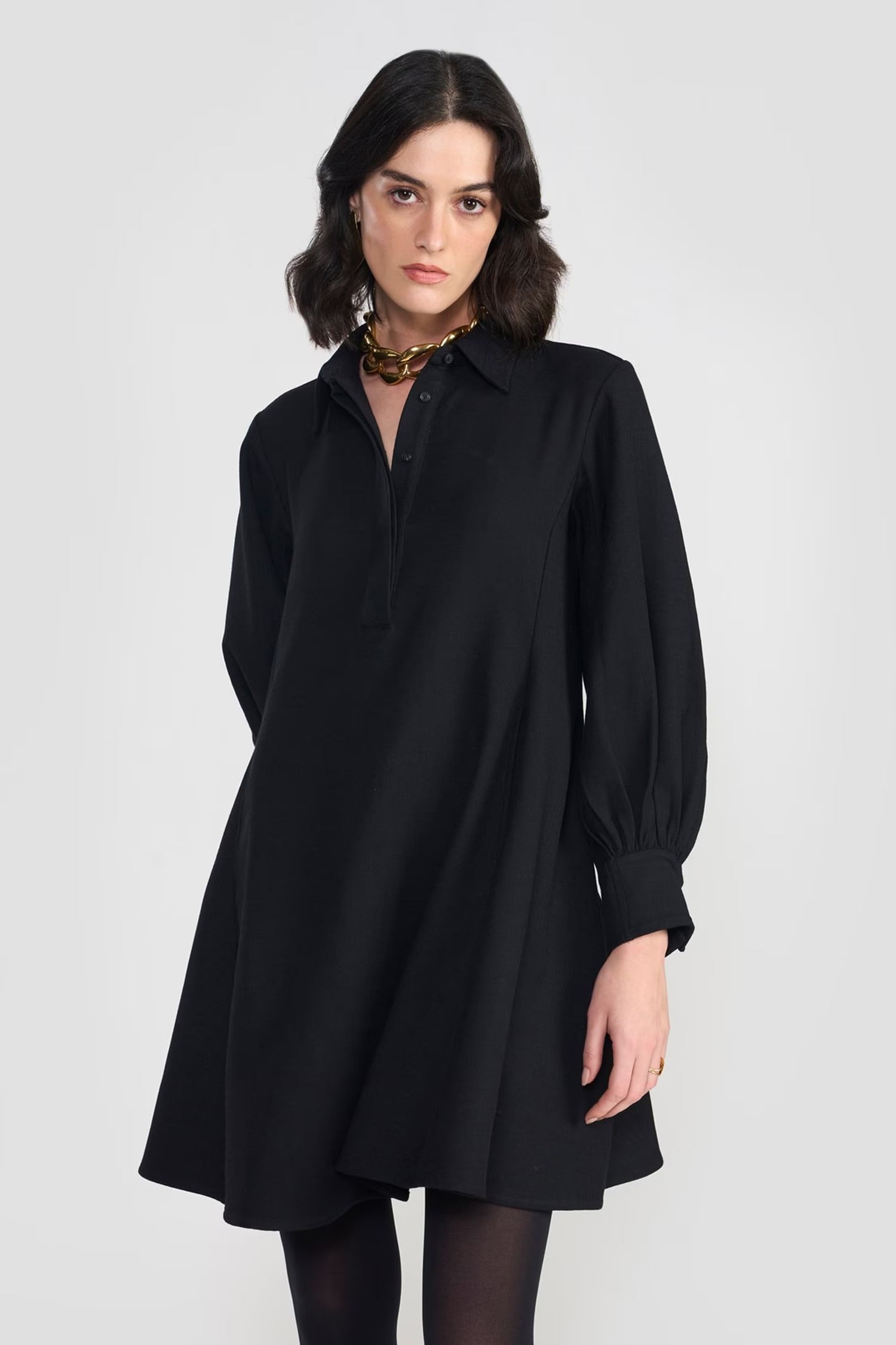 Black Viscose Cotton Twill Collared Short Dress for Women Black / L