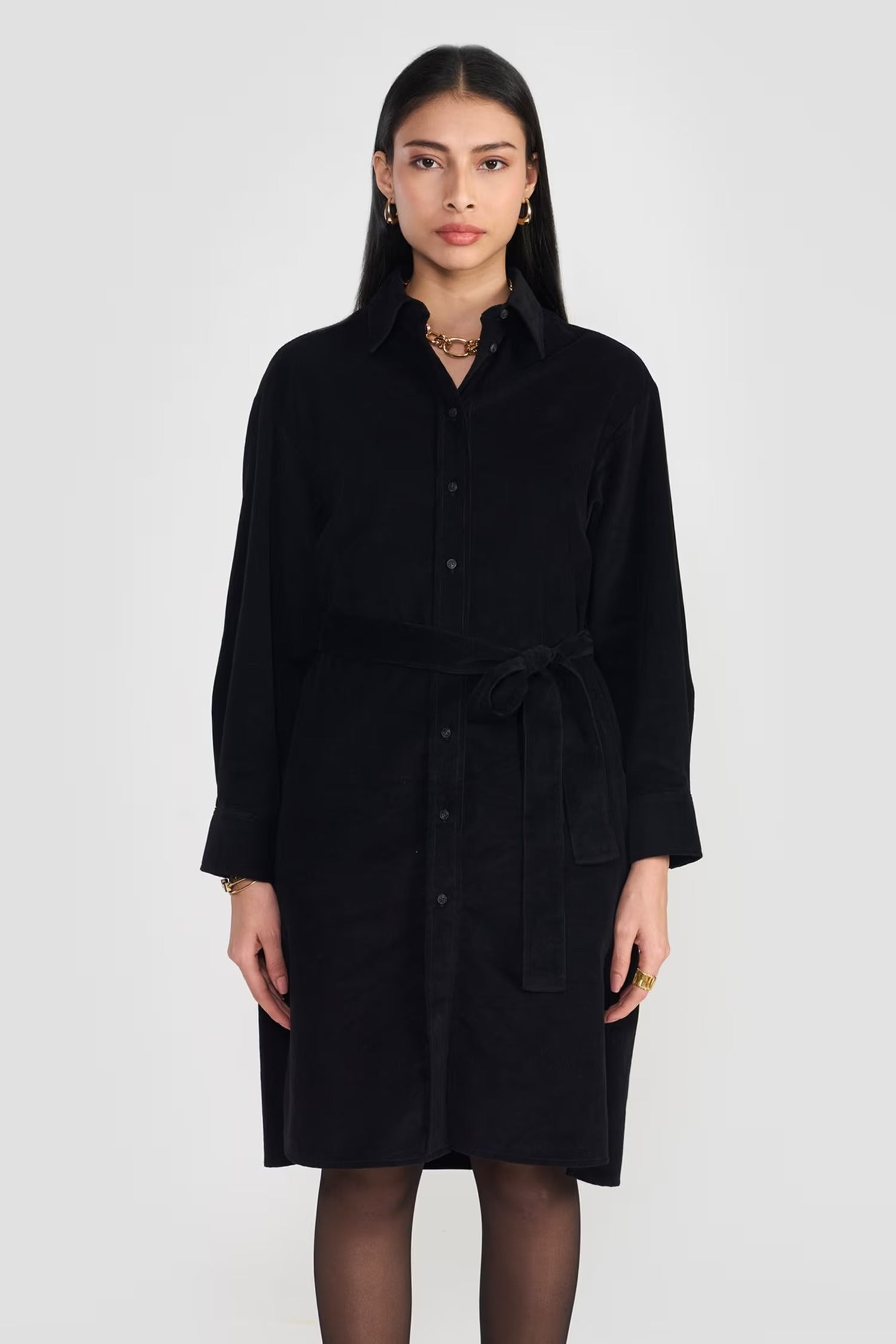 Black Cotton Collared Midi Dress for Women