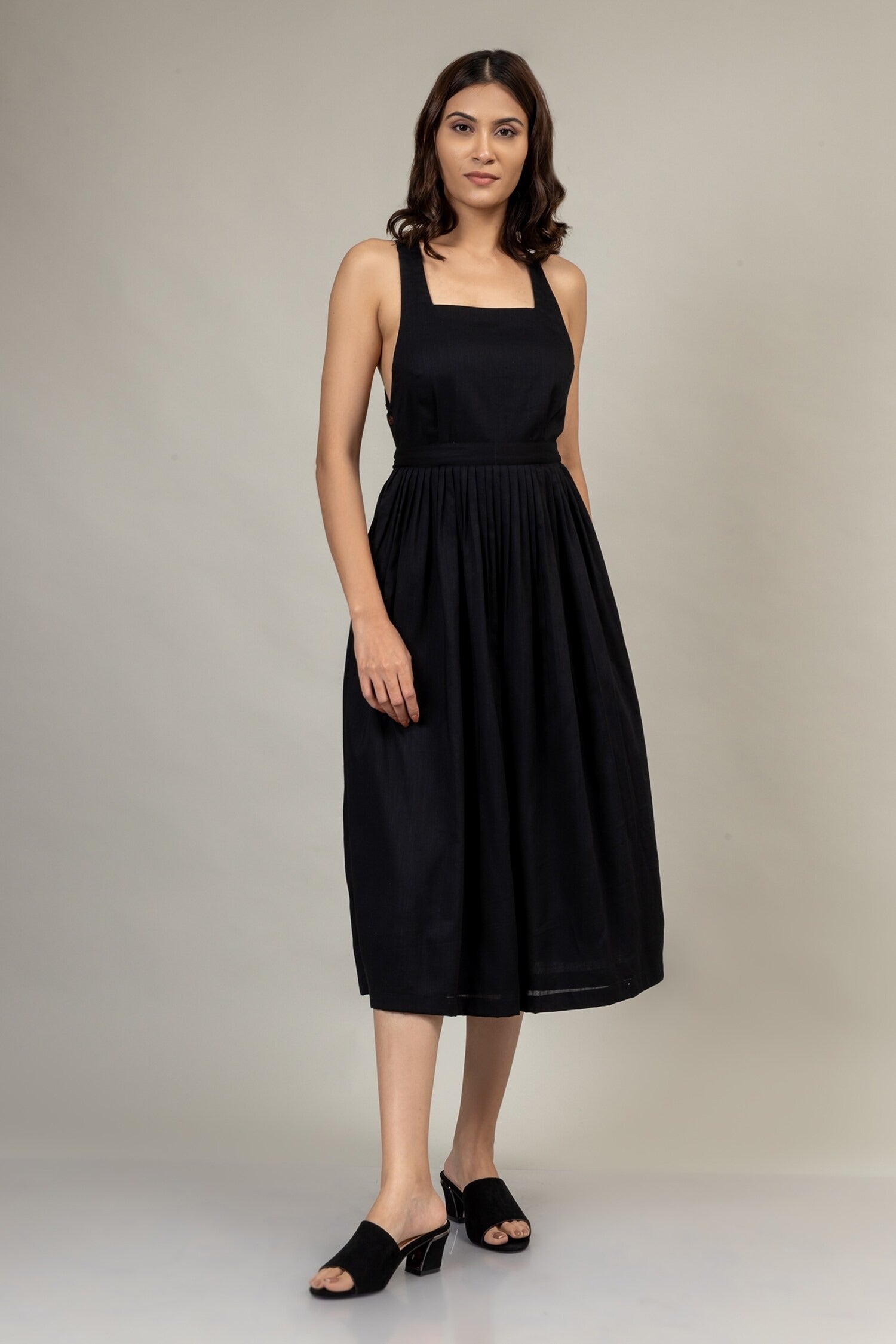 Black Cotton Square Neck Gathered Dress for Women