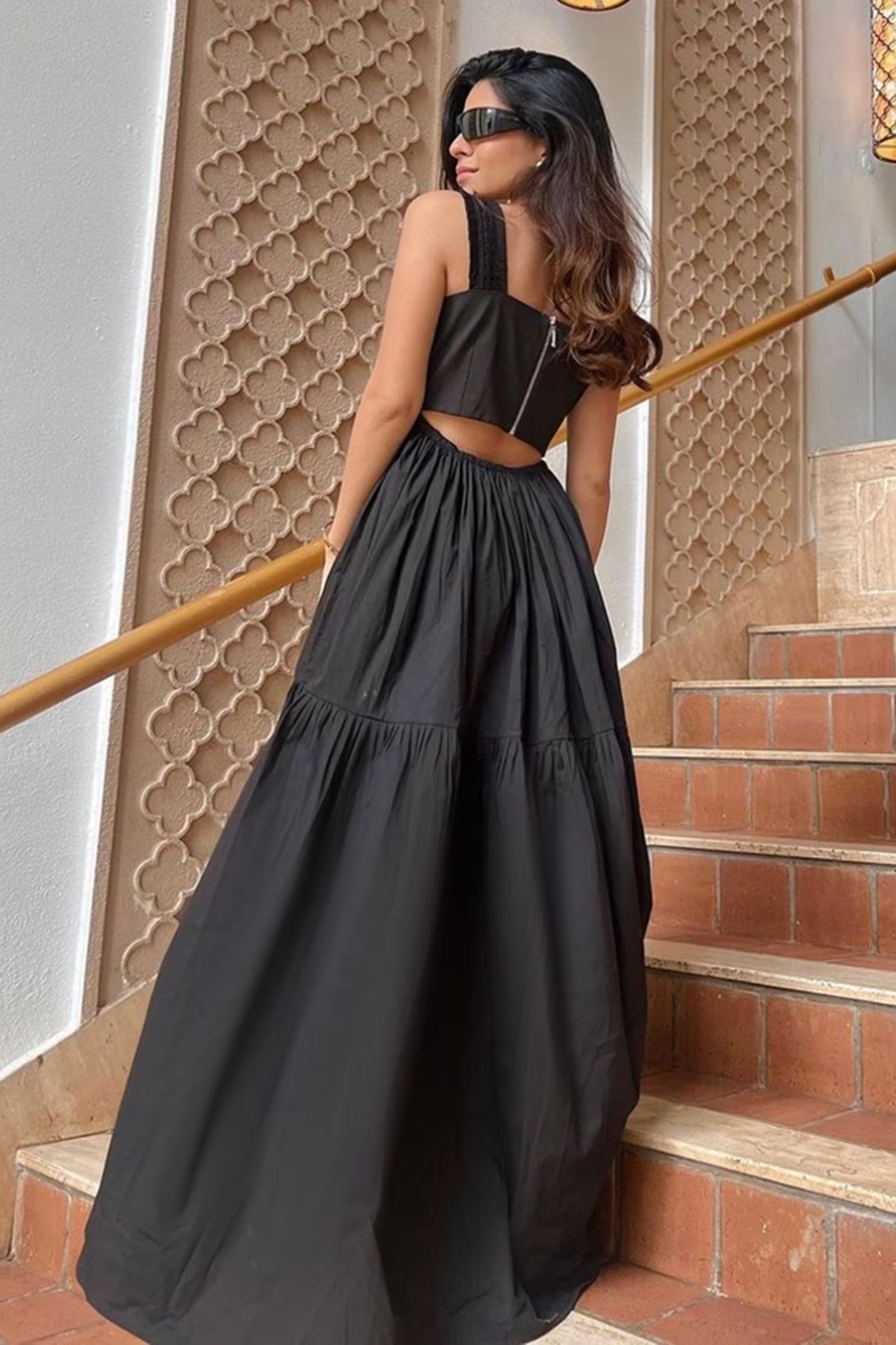 Black Lycra Cotton Ruffle Square Neck Maxi Dress for Women