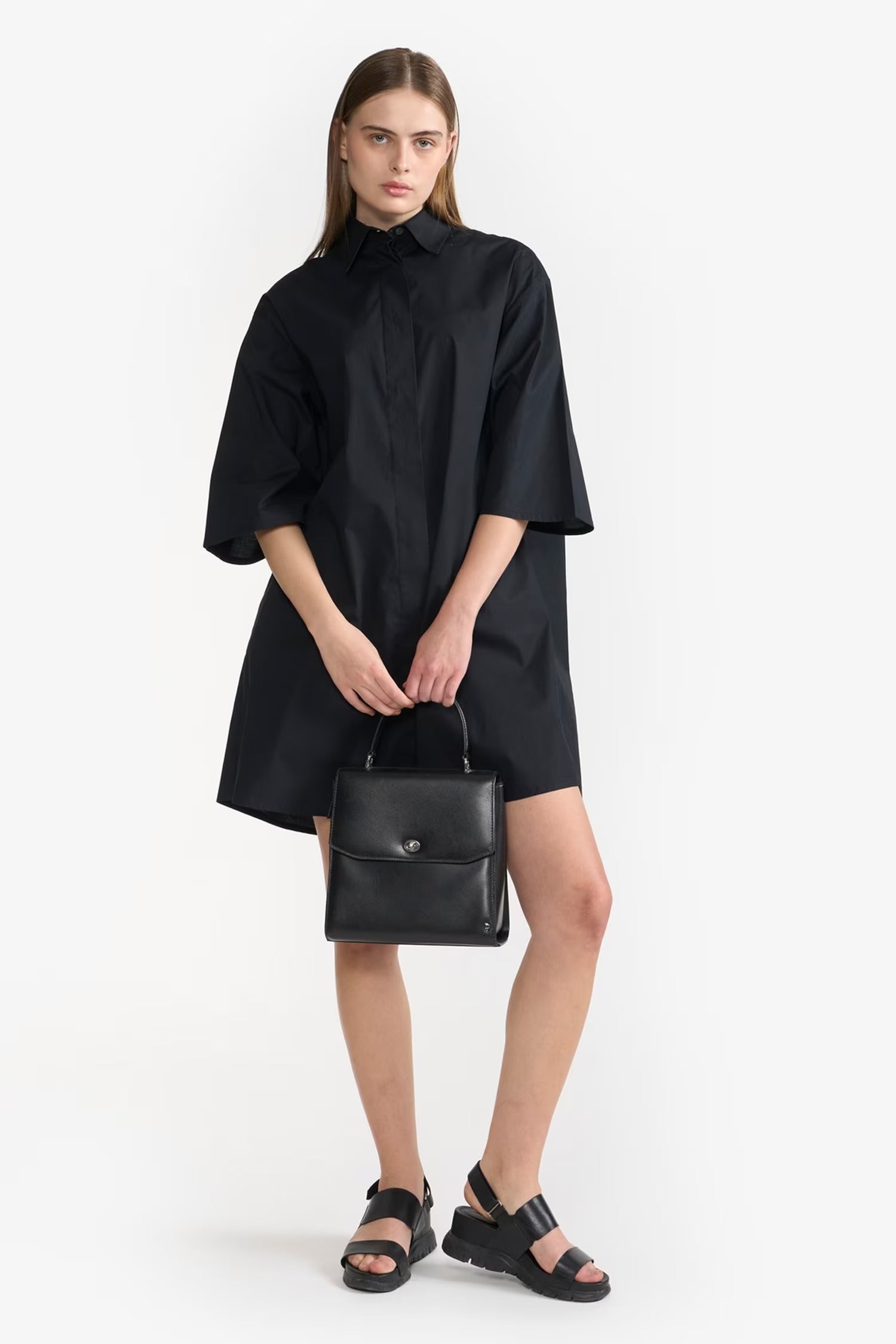 Black Cotton Plain Collared Neck Dress for Women