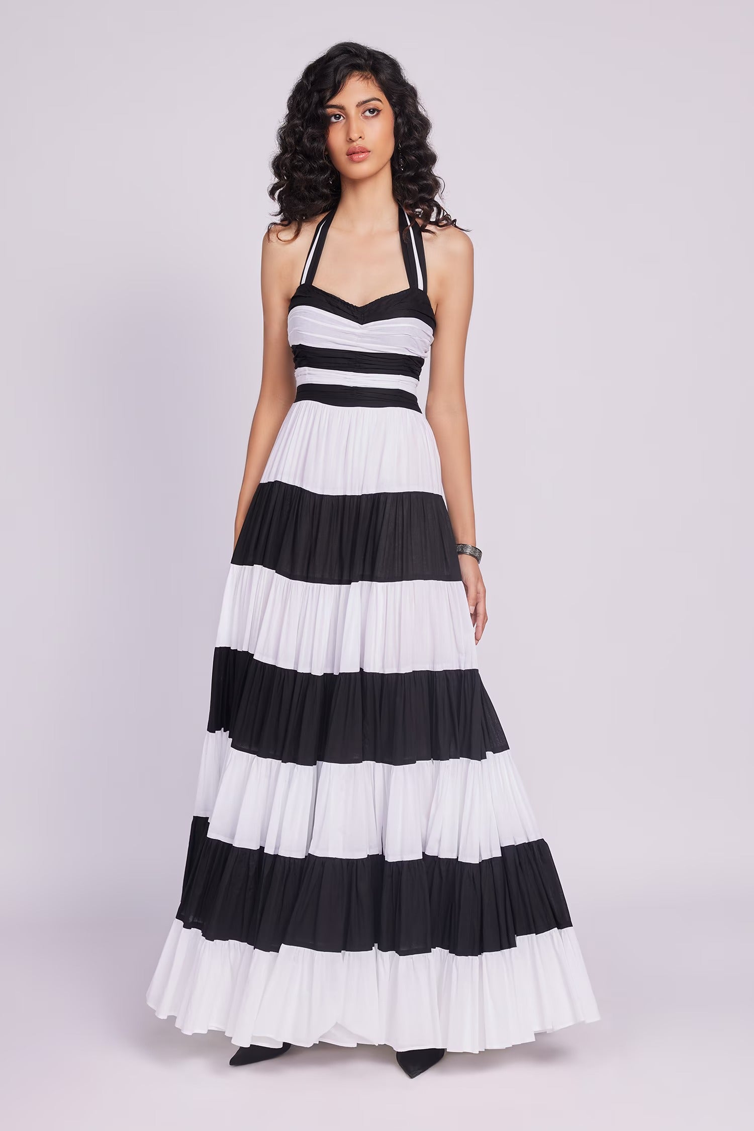 Black Cotton Halter Neck Striped Maxi Dress for Women