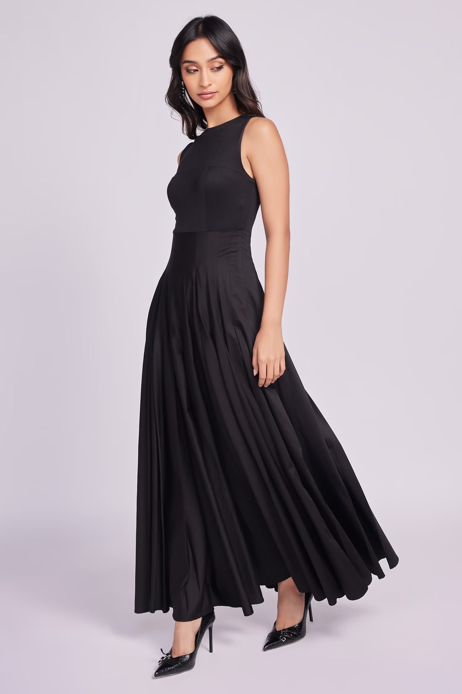 Black Cotton Buckles Round Neck Designer Dress for Women